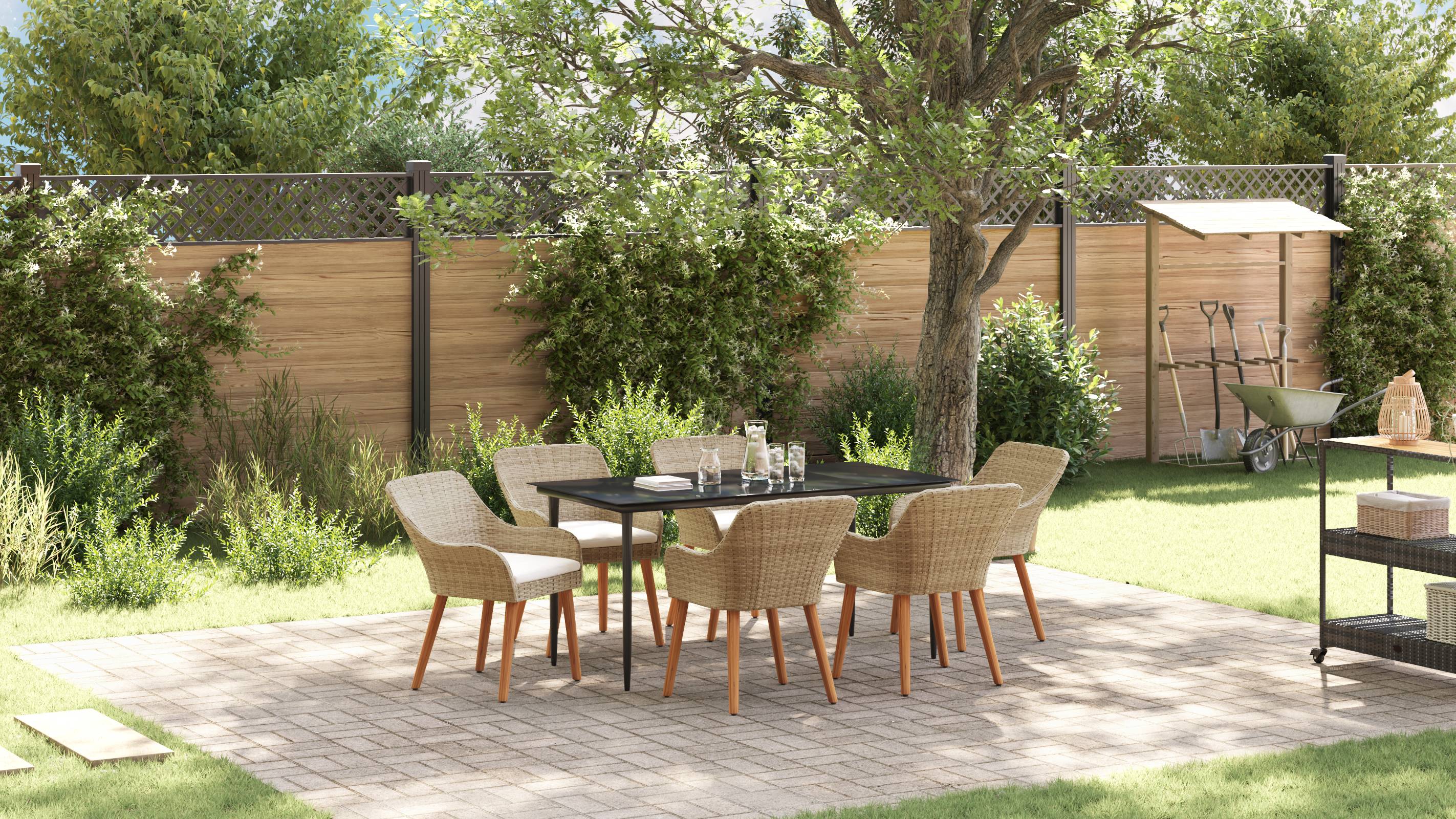 vidaXL 7-teiliges Garten Esstisch Set Beige Poly Rattan