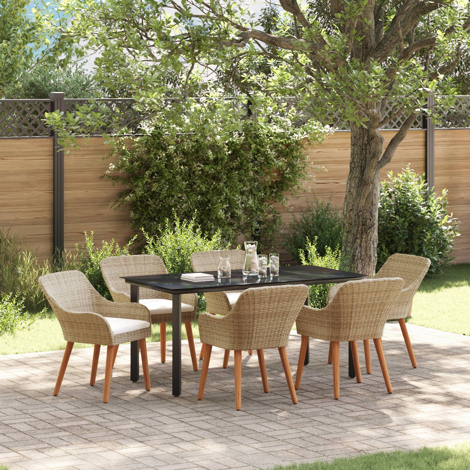 vidaXL 7-teiliges Garten Esstischset Beige Poly Rattan