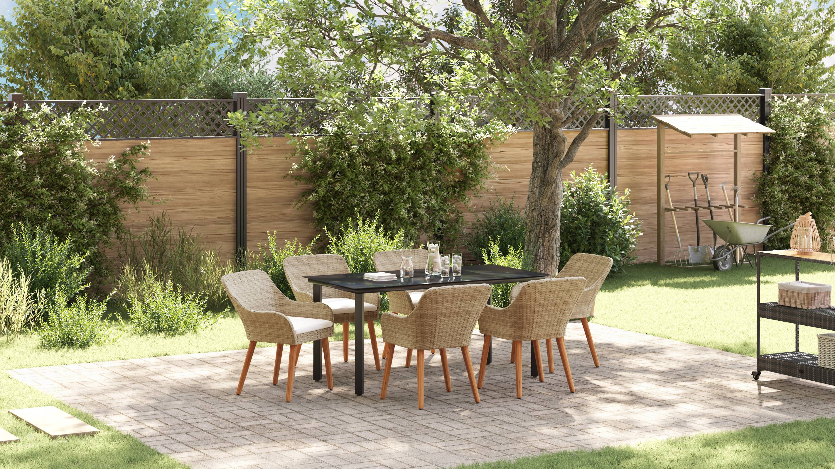vidaXL 7-teiliges Garten Esstischset Beige Poly Rattan