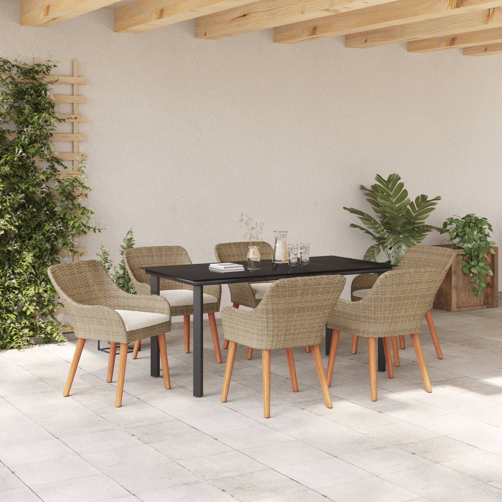 vidaXL 7-teiliges Garten Esstischset Beige Poly Rattan