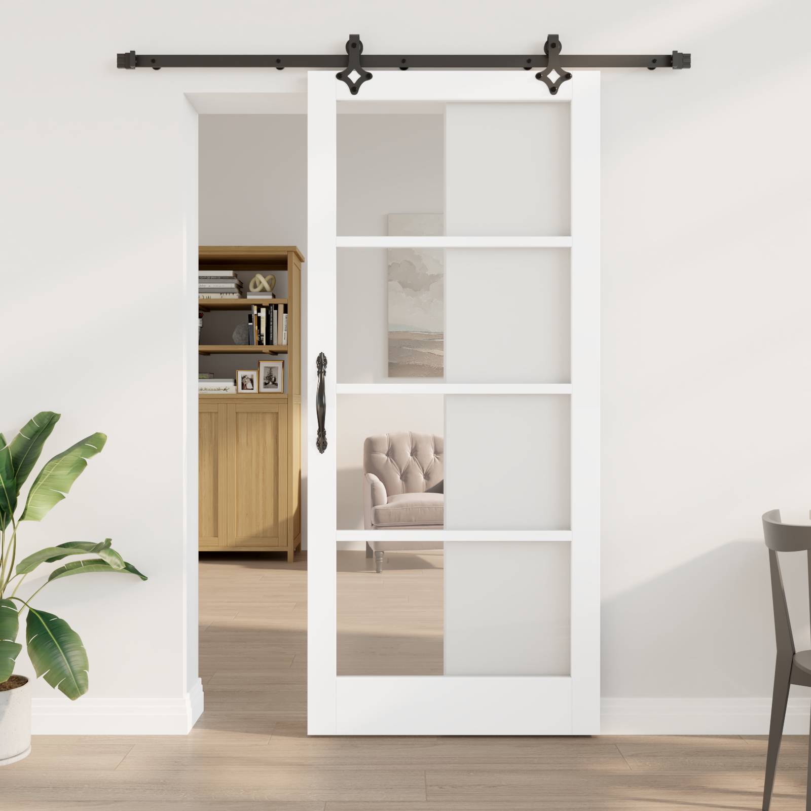 vidaXL Schiebetür mit Zubehör Set "ORKDAL" Weiß Massivholz & Glas