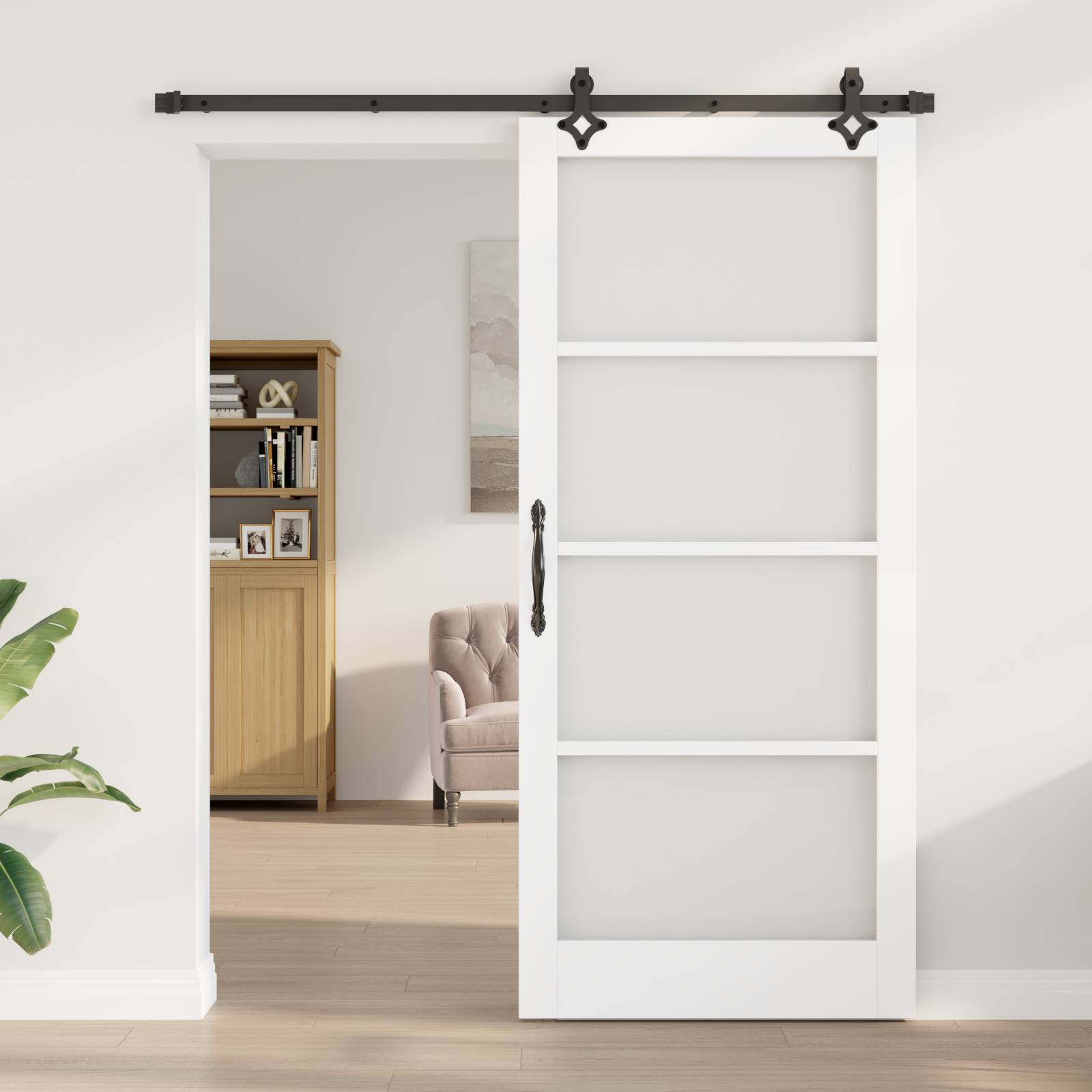 vidaXL Schiebetür mit Zubehör Set "ORKDAL" Weiß Massivholz & Glas