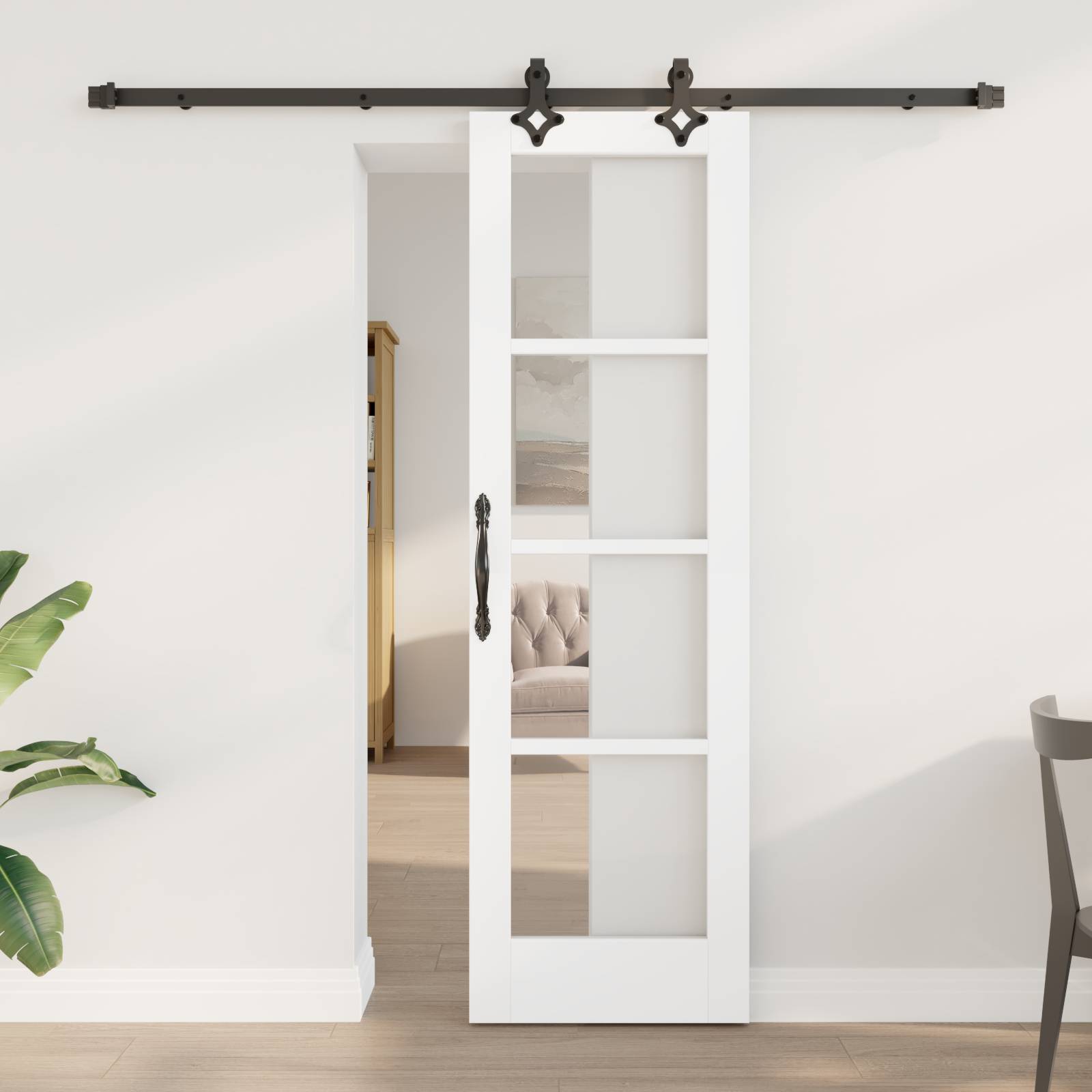 vidaXL Schiebetür mit Zubehör-Set 'ORKDAL'Weiß aus massivem Holz & Glas