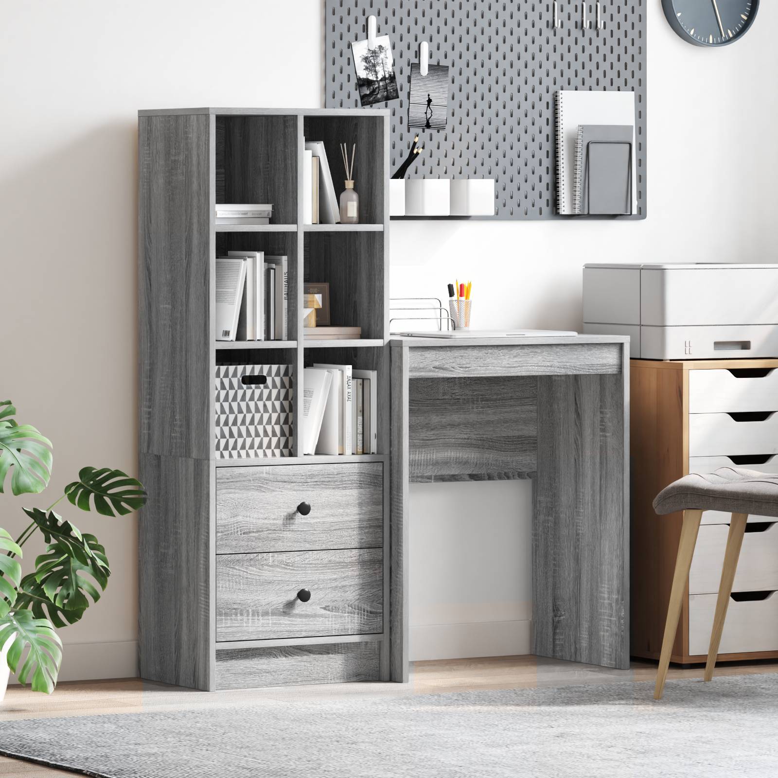 vidaXL Schreibtisch mit Stauraum Grauer Sonoma Spanplatte