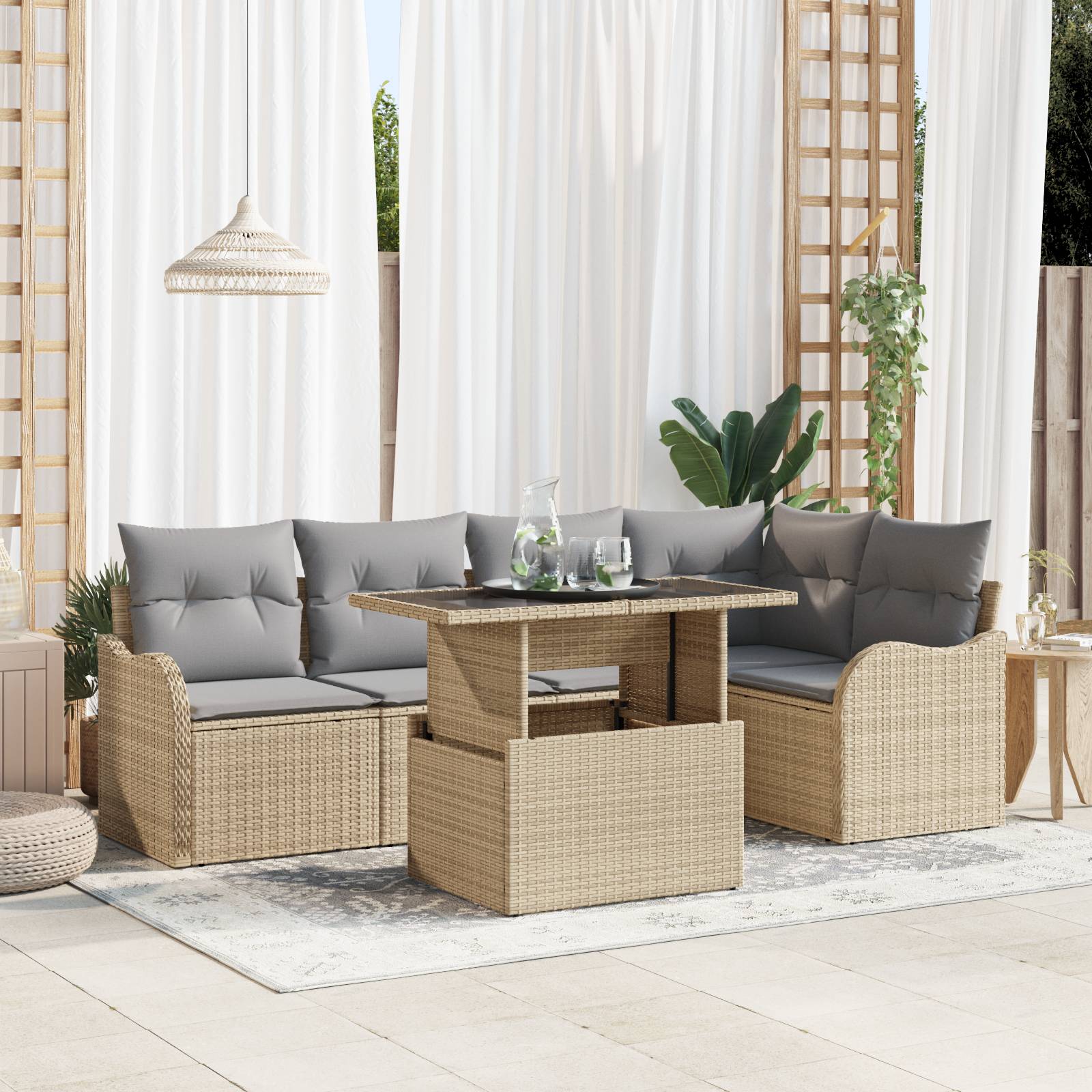 vidaXL 6-teiliges Garten Sofa Set mit Kissen Beige Poly Rattan