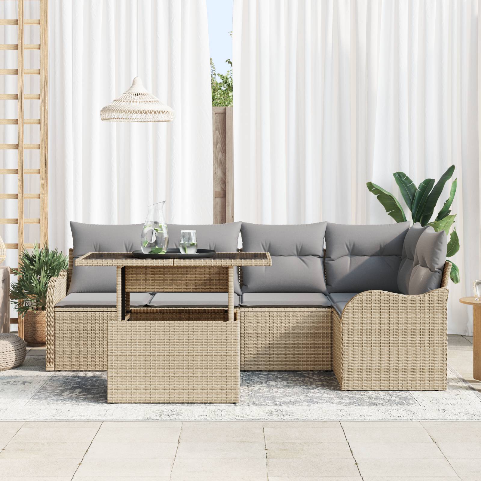 vidaXL 6-teiliges Garten Sofa Set mit Kissen Beige Poly Rattan