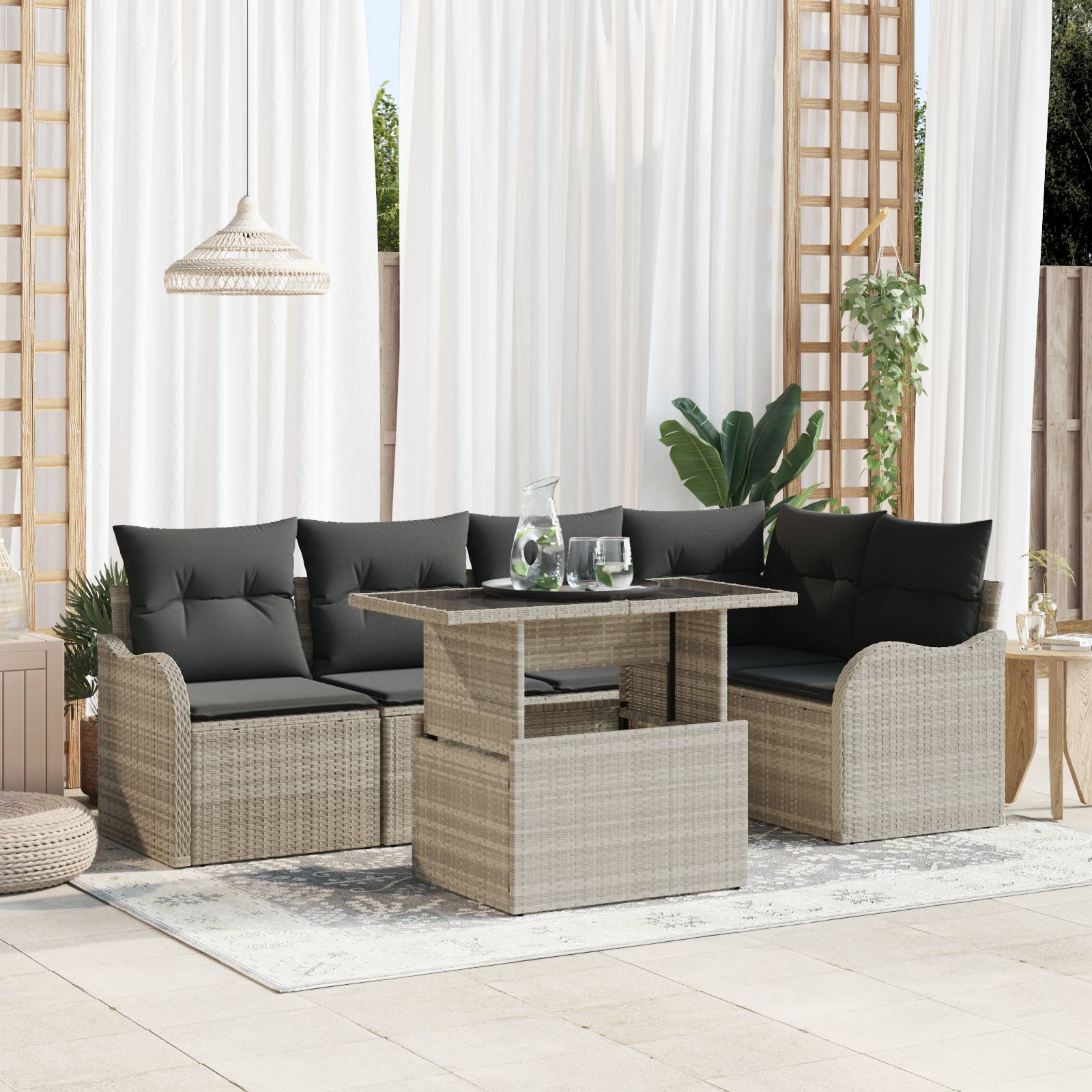 vidaXL 6-teiliges Garten Sofa Set mit Kissen Hellgraues Poly Rattan