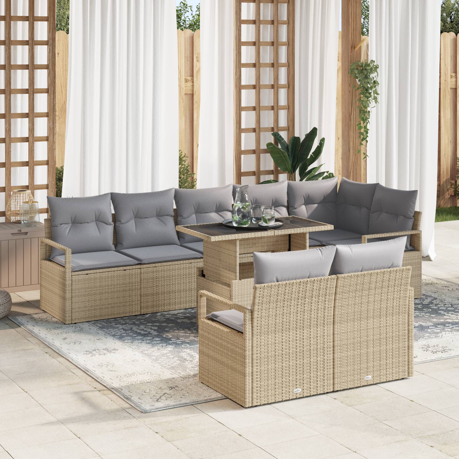 vidaXL 9-tlg. Garten-Sofagarnitur mit Kissen Beige Poly Rattan