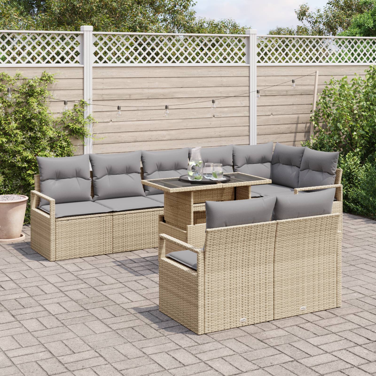 vidaXL 9-tlg. Garten-Sofagarnitur mit Kissen Beige Poly Rattan