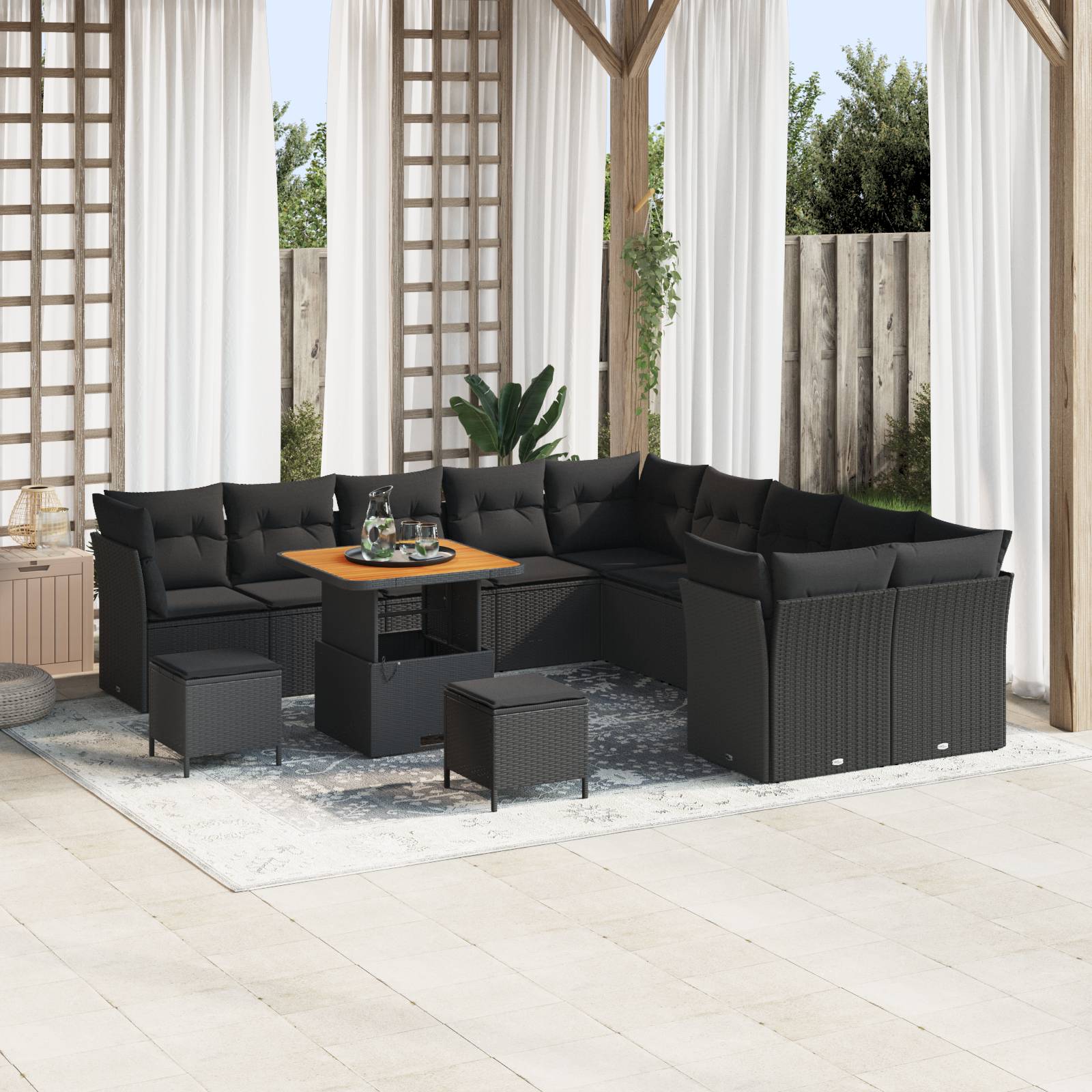 vidaXL 13-teiliges Garten Sofa Set mit Kissen Schwarz Poly Rattan Akazie