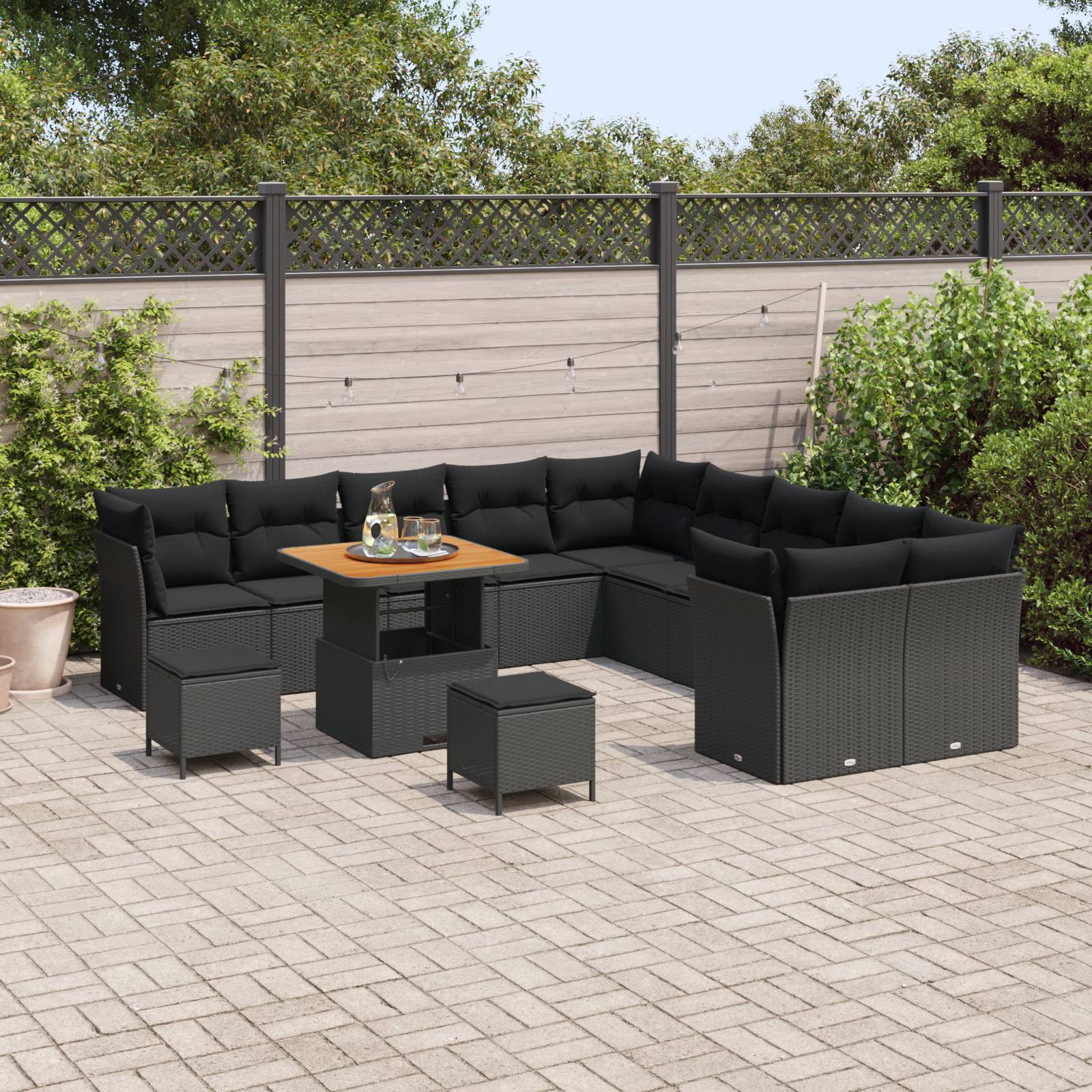 vidaXL 13-teiliges Garten Sofa Set mit Kissen Schwarz Poly Rattan Akazie