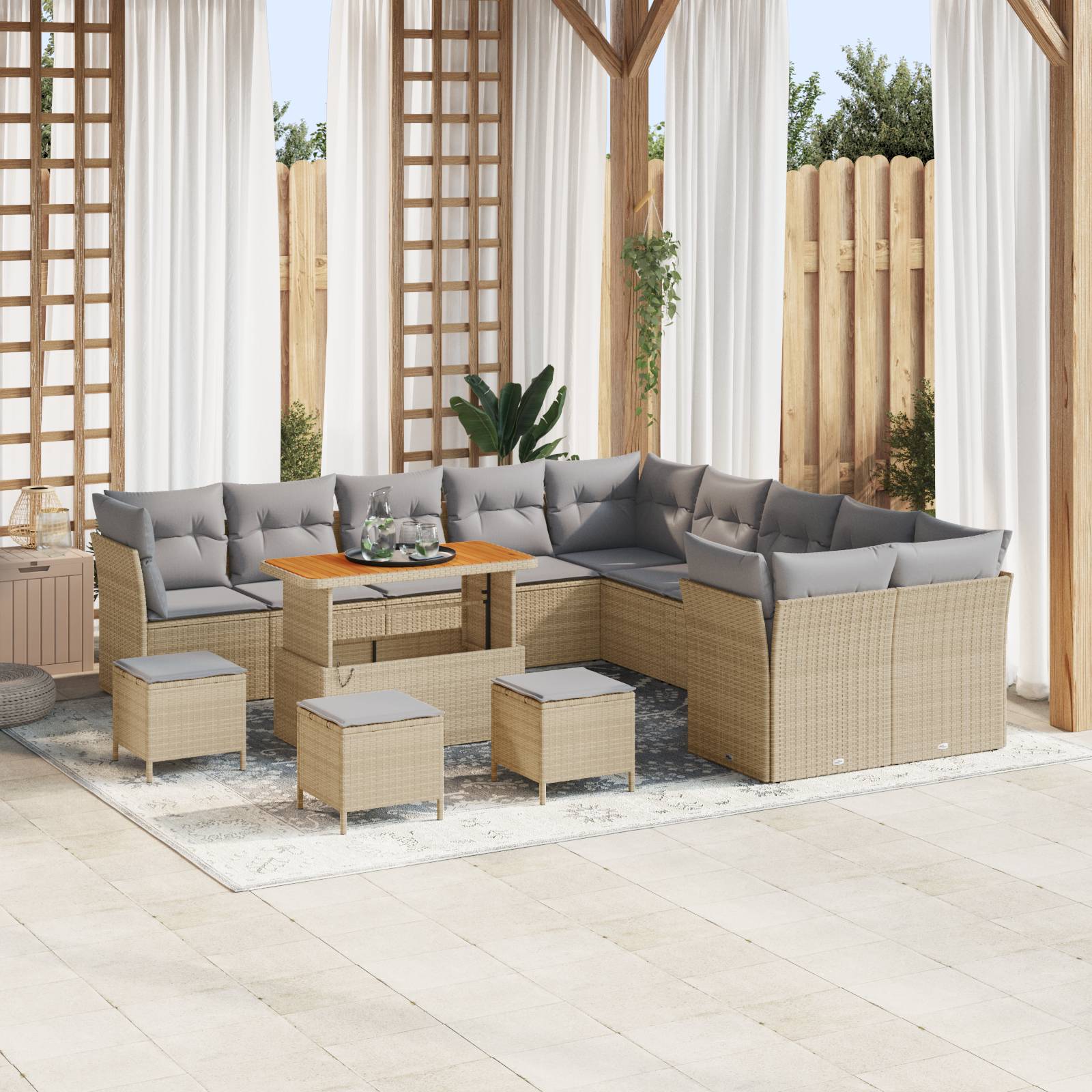vidaXL 14-teiliges Garten-Sofa-Set mit Kissen Beige Poly Rattan Akazie
