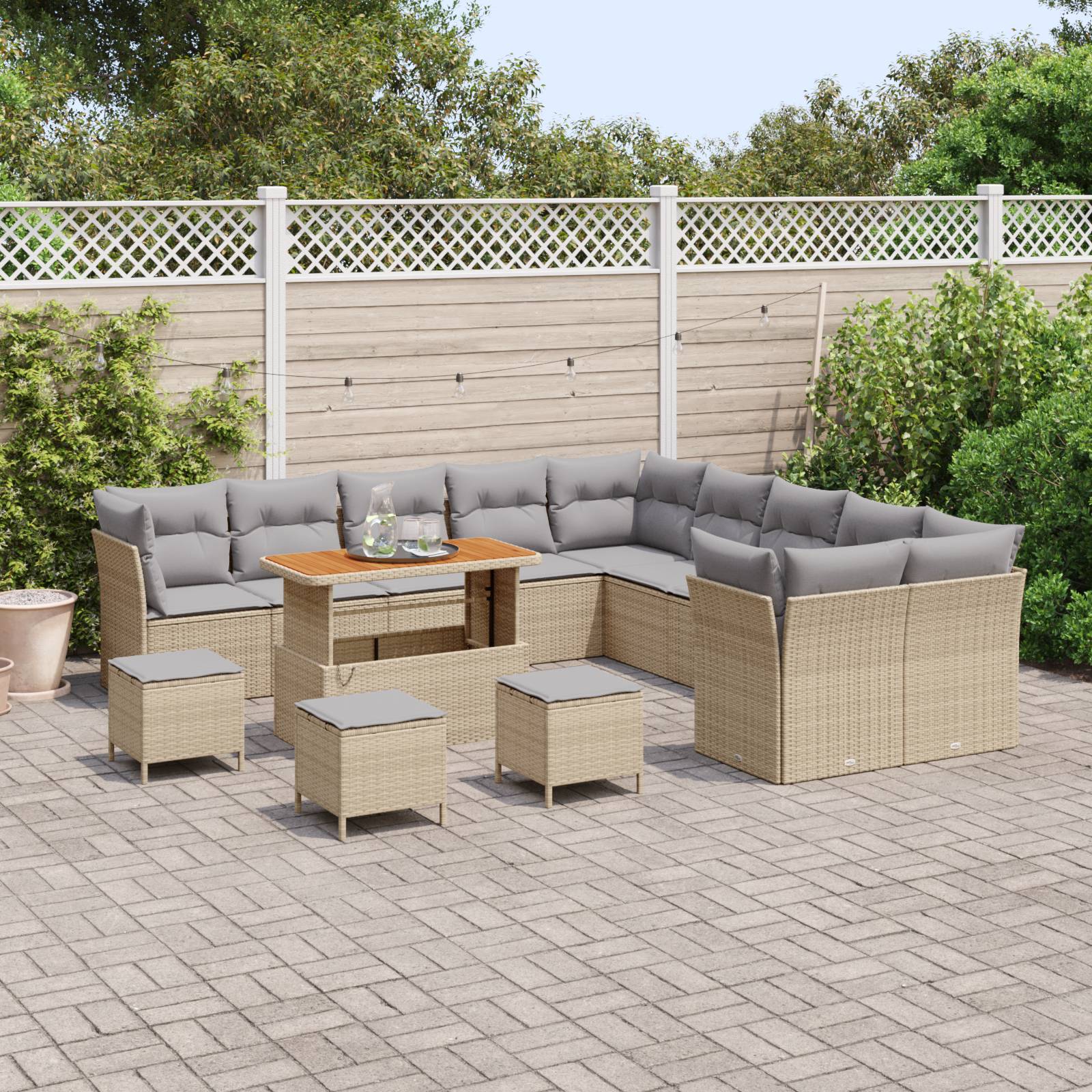 vidaXL 14-teiliges Garten-Sofa-Set mit Kissen Beige Poly Rattan Akazie