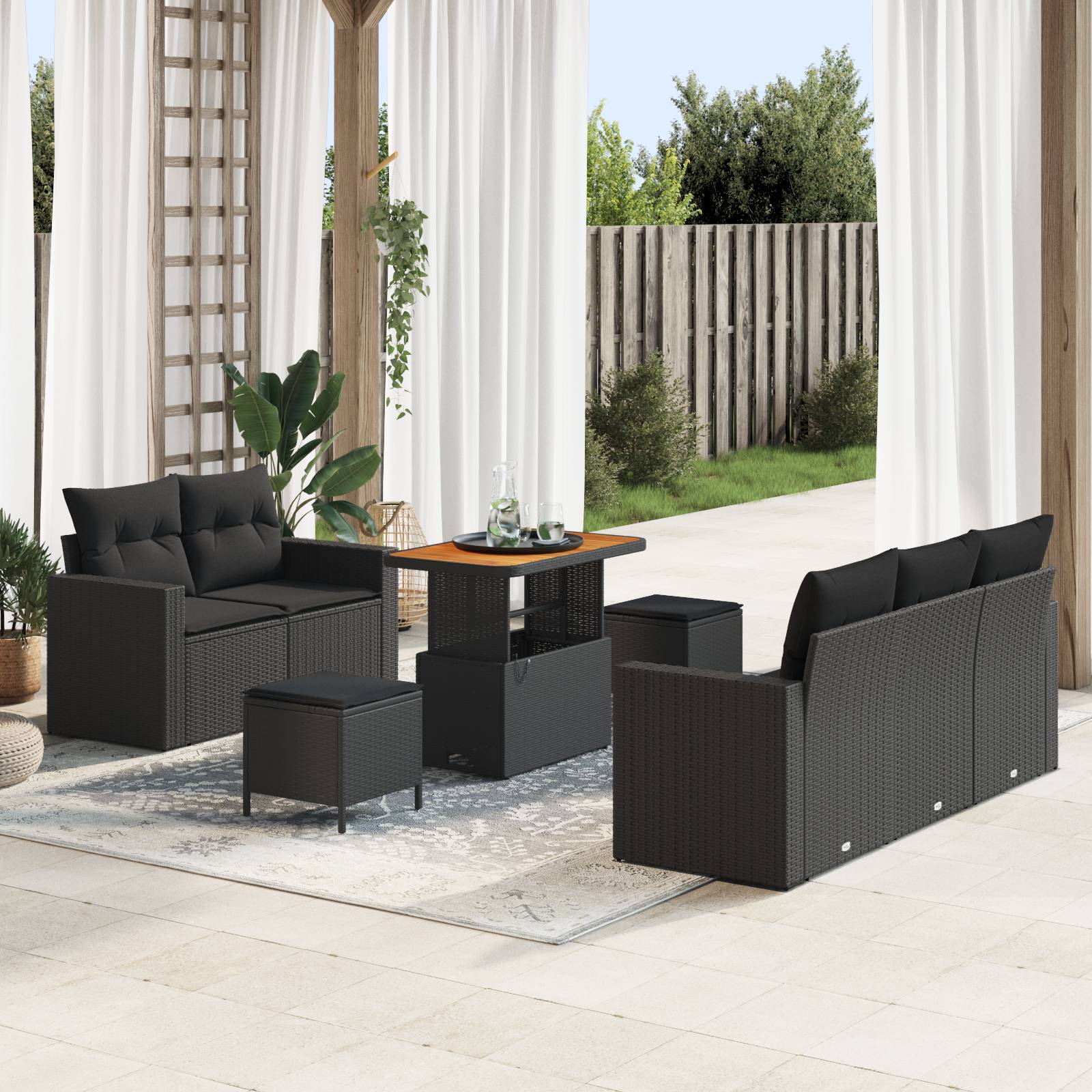 vidaXL 8-teiliges Garten Sofa Set mit Kissen Schwarz Poly-Rattan Akazie
