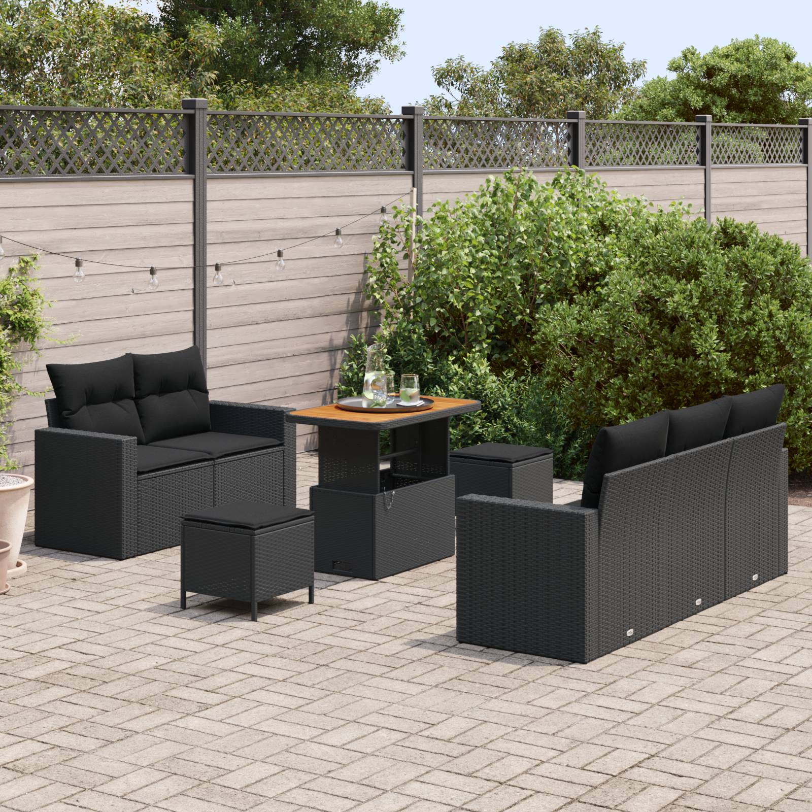 vidaXL 8-teiliges Garten Sofa Set mit Kissen Schwarz Poly-Rattan Akazie