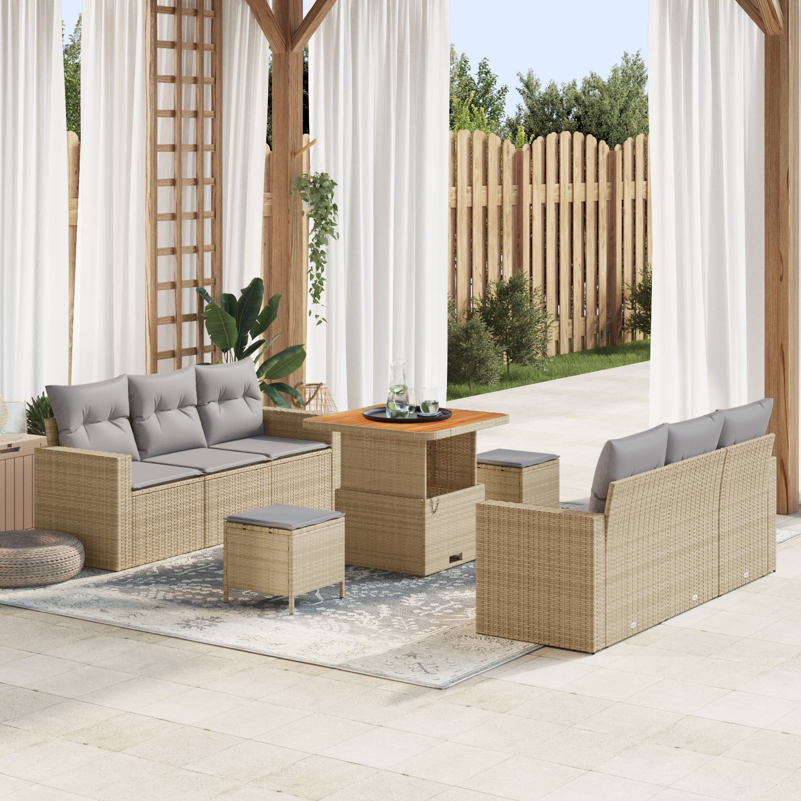 vidaXL 9-teiliges Garten Sofa Set mit Kissen Beiger Poly Rattan Akazie