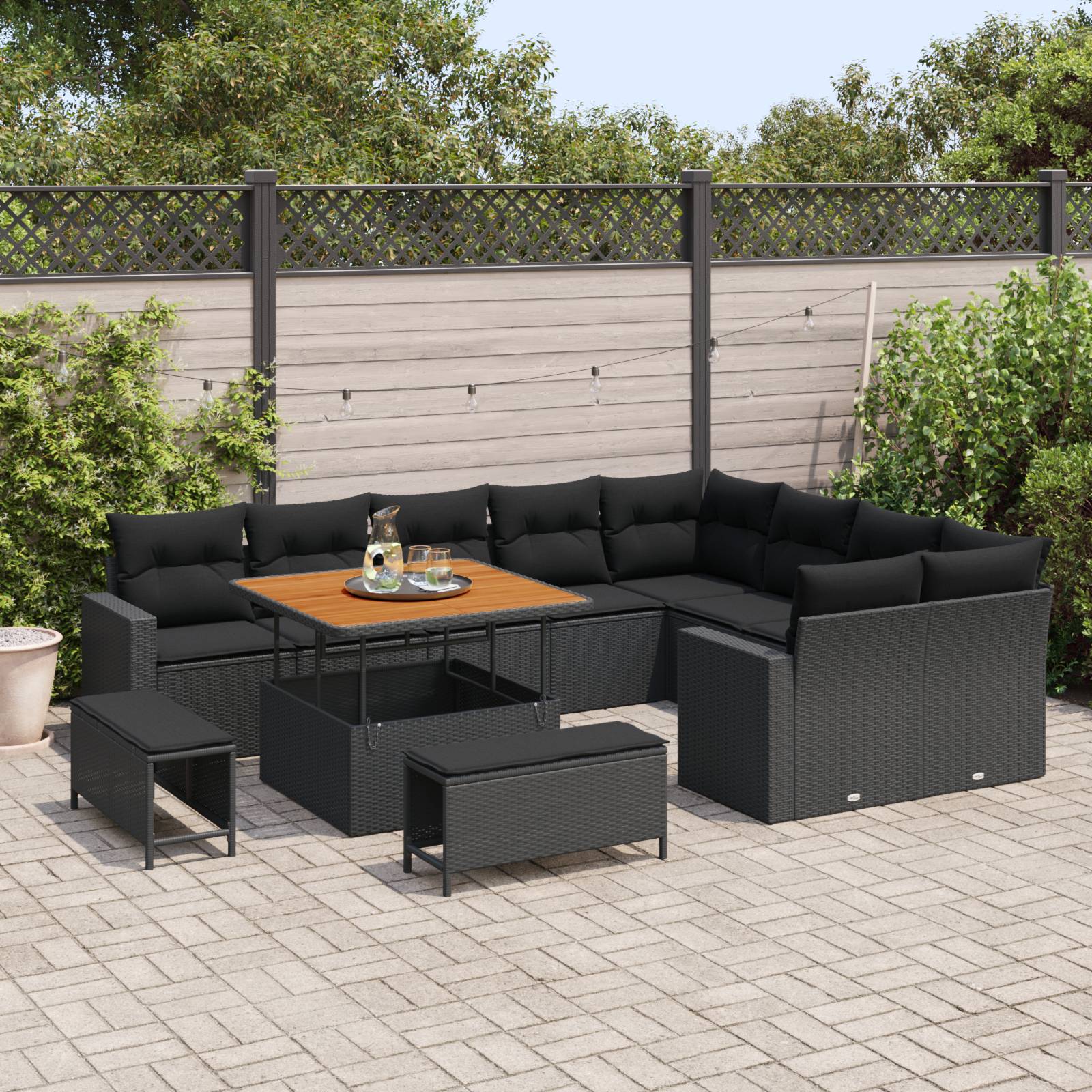 vidaXL 12-teiliges Garten-Sofa-Set mit Kissen Schwarz Poly Rattan Akazie