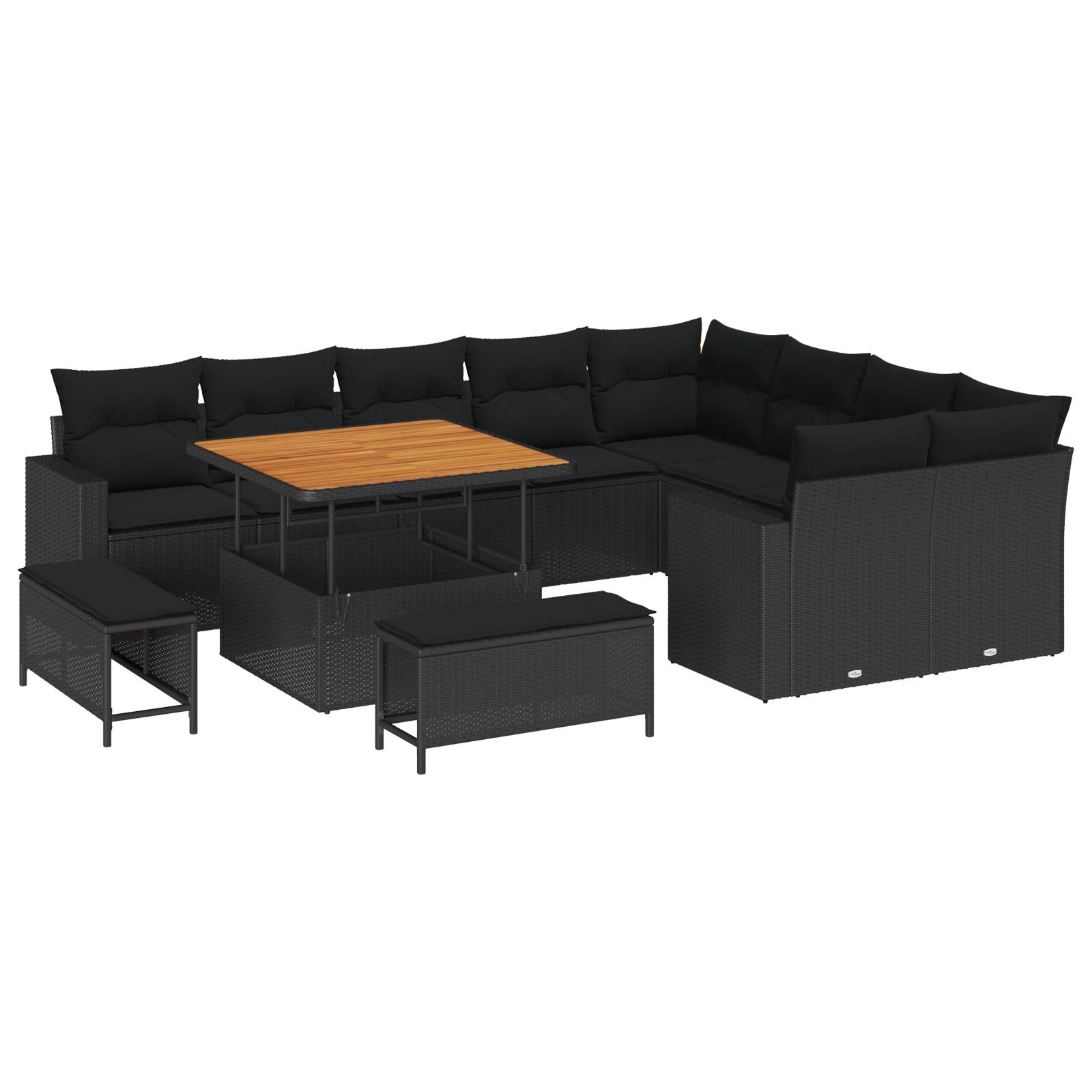 vidaXL 12-teiliges Garten-Sofa-Set mit Kissen Schwarz Poly Rattan Akazie