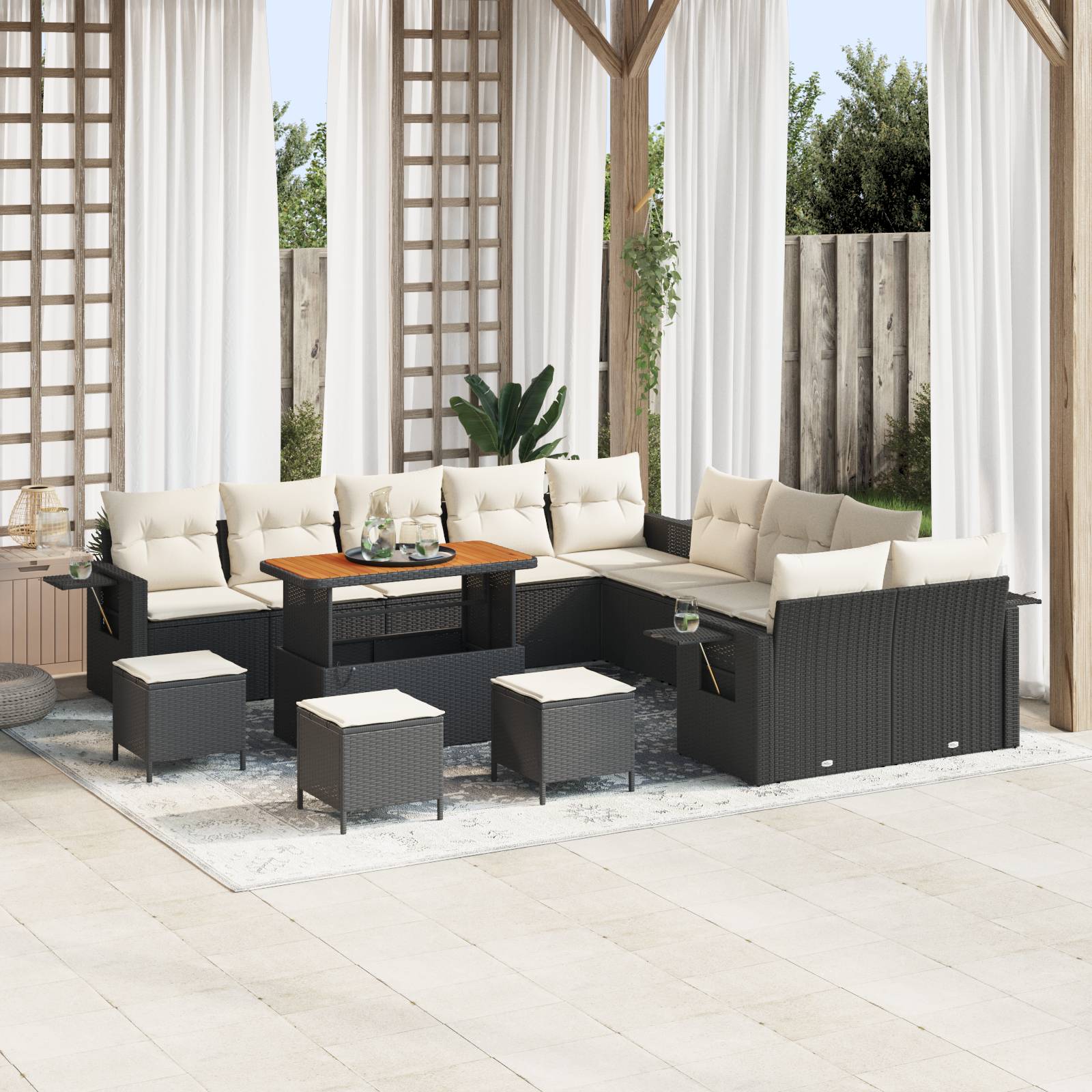vidaXL 14-teiliges Garten Sofa Set mit Kissen Schwarz Poly Rattan Akazie