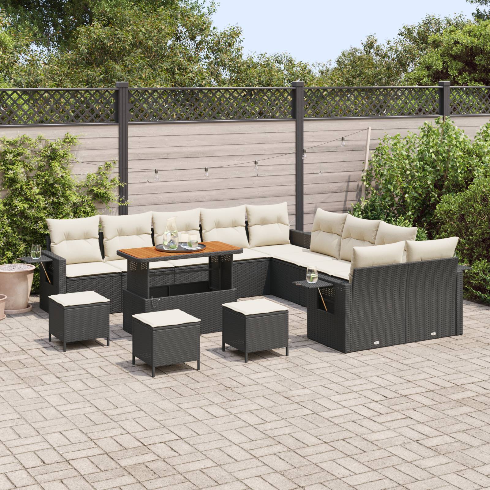 vidaXL 14-tlg. Garten-Sofagarnitur mit Kissen Schwarz Poly Rattan