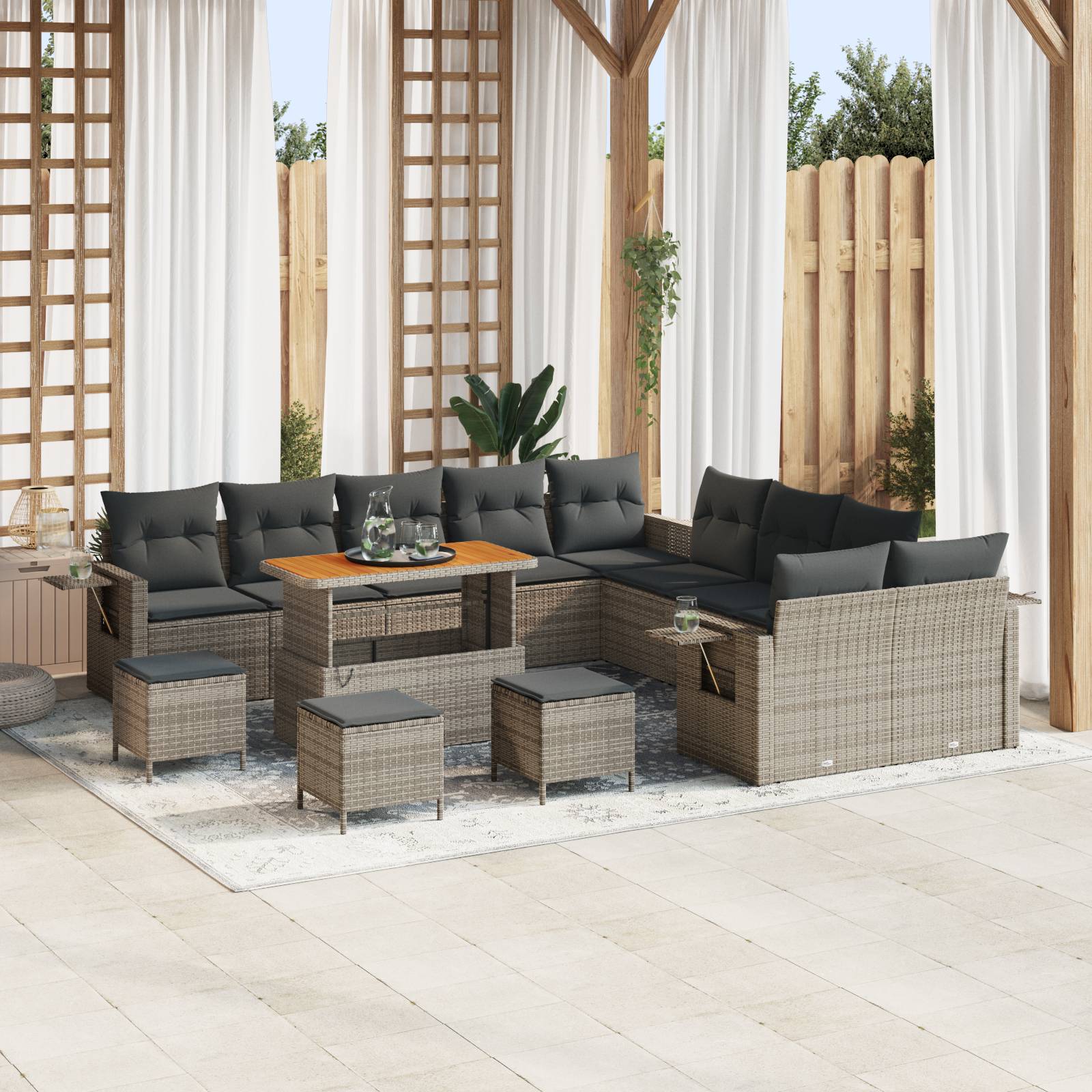 vidaXL 14-teiliges Garten Sofa Set mit Kissen Grau Poly Rattan Akazie