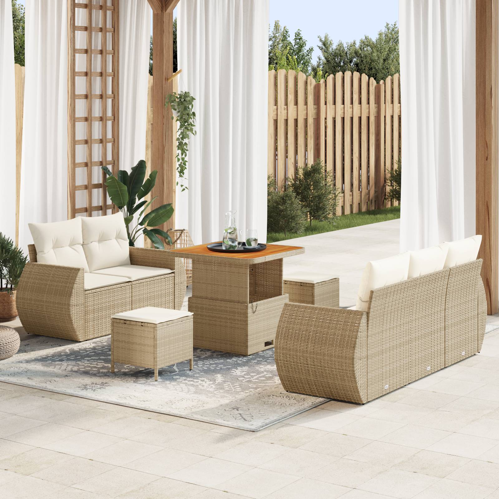 vidaXL 8-tlg. Garten-Sofagarnitur mit Kissen Beige Poly Rattan Akazie