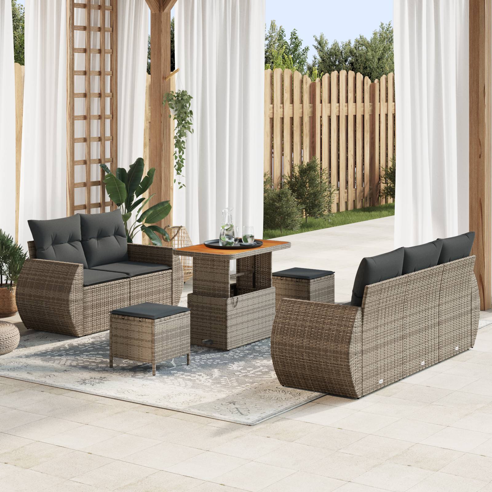 vidaXL 8-tlg. Garten-Sofagarnitur mit Kissen Grau Poly Rattan Akazie