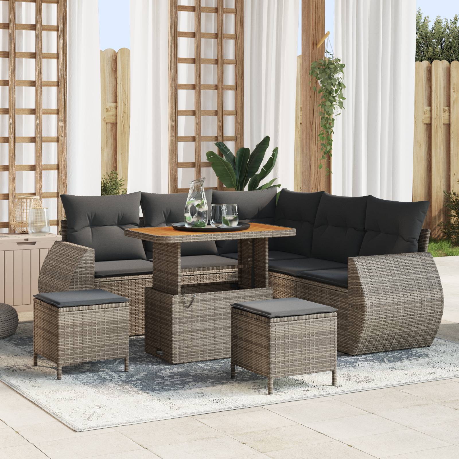 vidaXL 8-tlg. Garten-Sofagarnitur mit Kissen Grau Poly Rattan Akazie