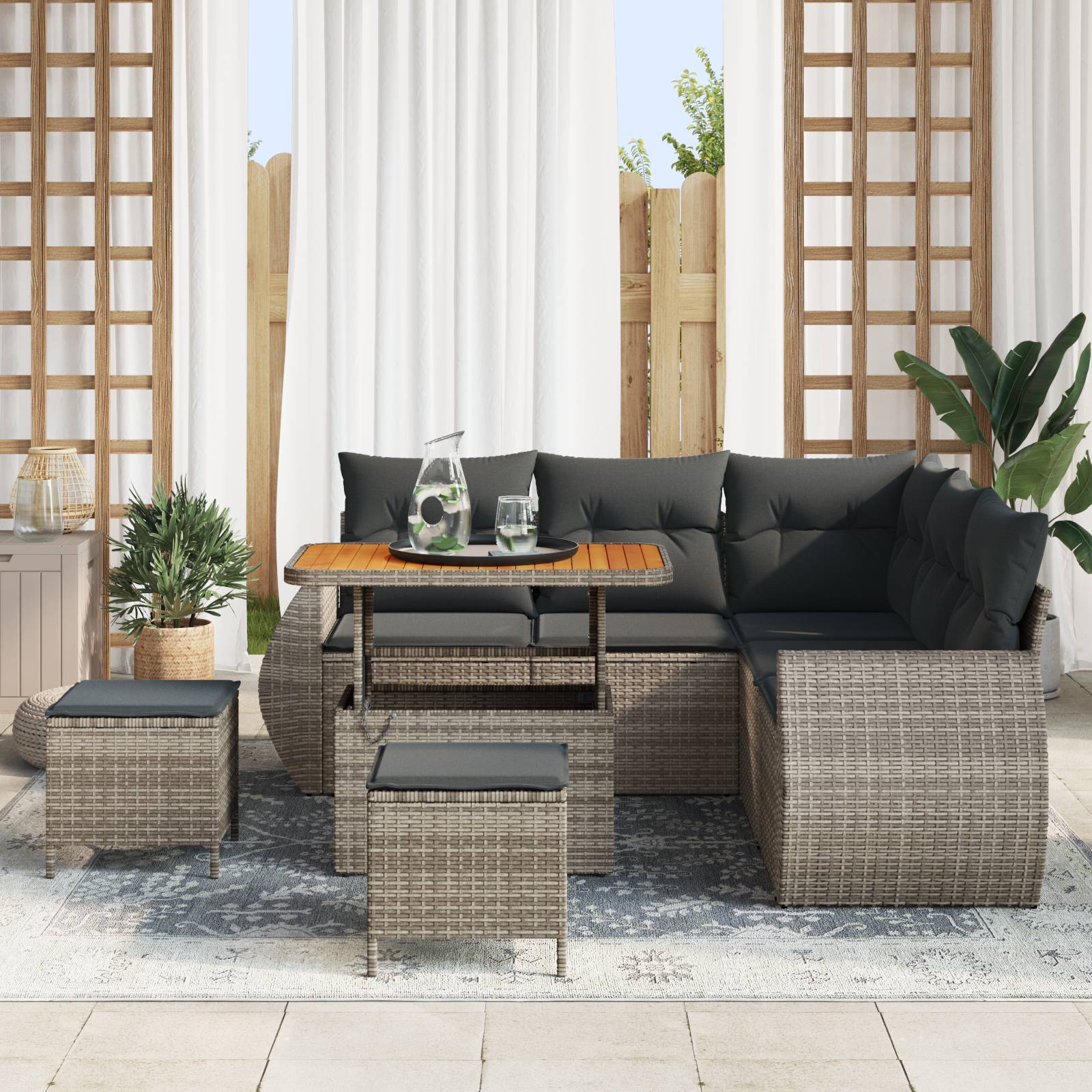 vidaXL 8-tlg. Garten-Sofagarnitur mit Kissen Grau Poly Rattan Akazie