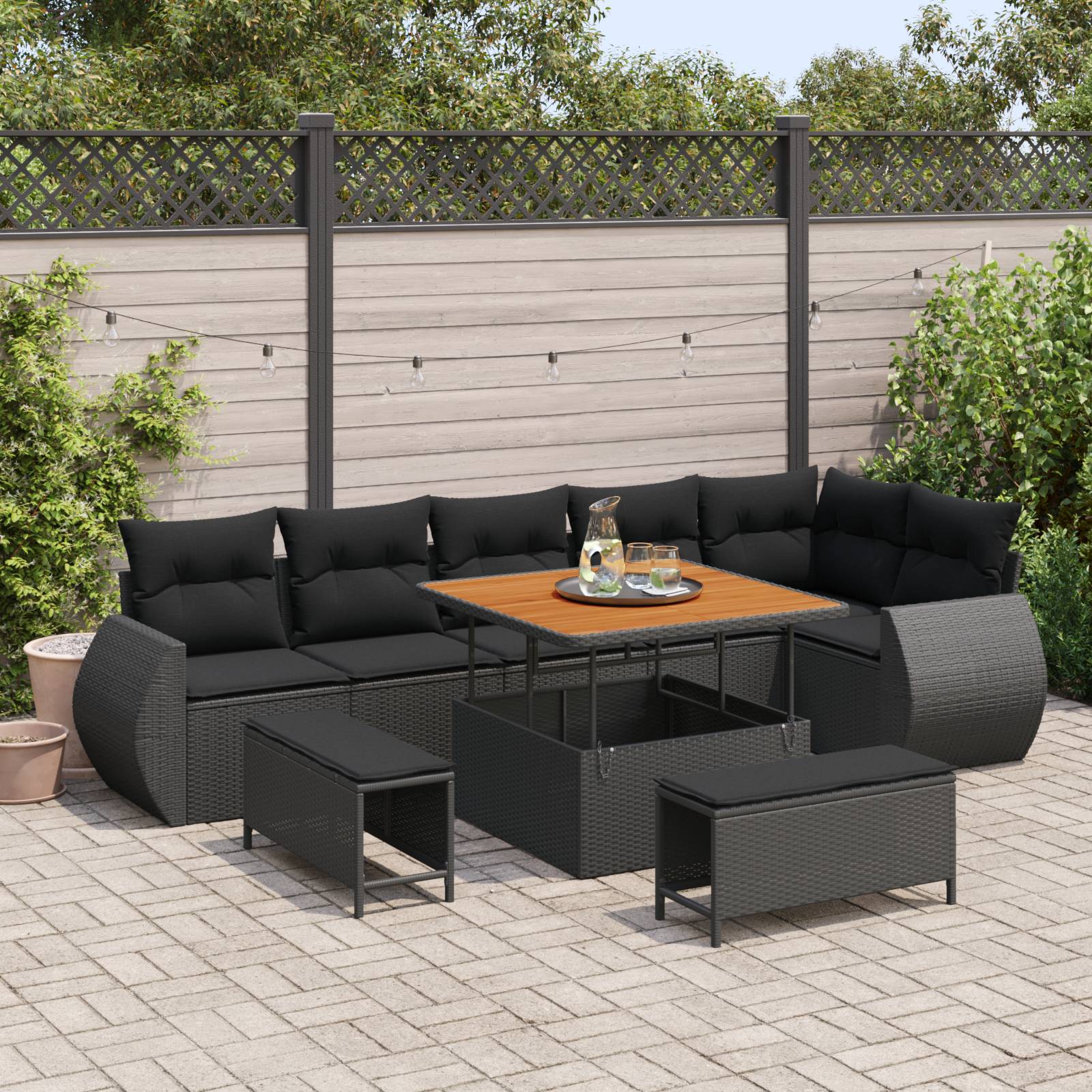 vidaXL 9-teiliges Garten-Sofa-Set mit Kissen in Schwarz aus Poly Rattan und Akazie