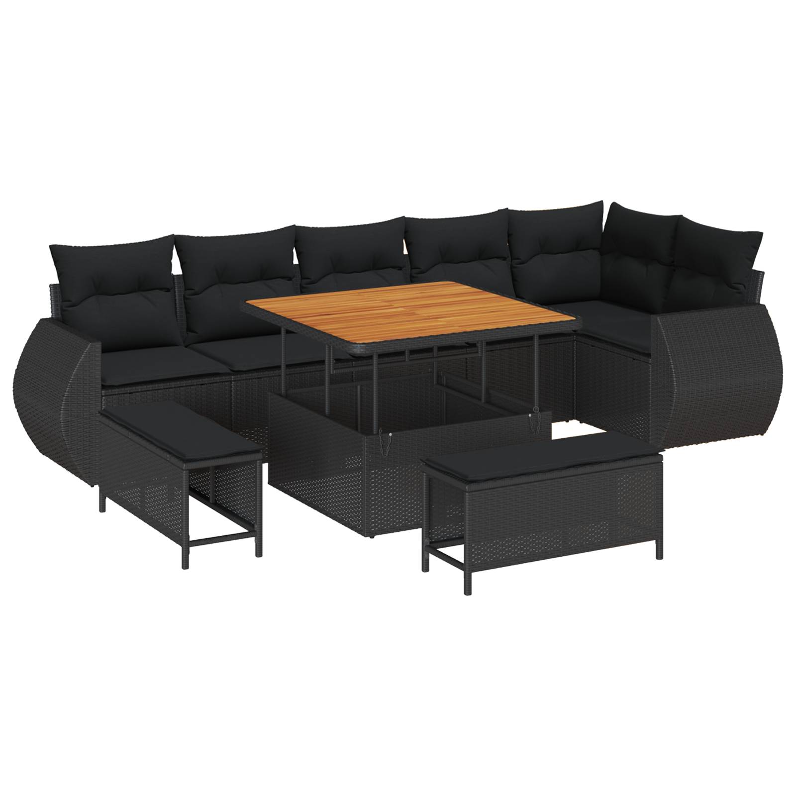 vidaXL 9-teiliges Garten-Sofa-Set mit Kissen in Schwarz aus Poly Rattan und Akazie