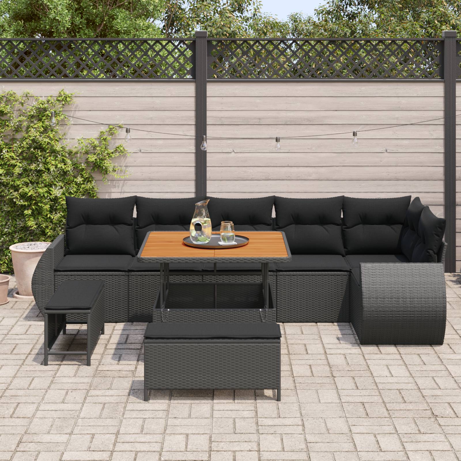 vidaXL 9-teiliges Garten-Sofa-Set mit Kissen in Schwarz aus Poly Rattan und Akazie