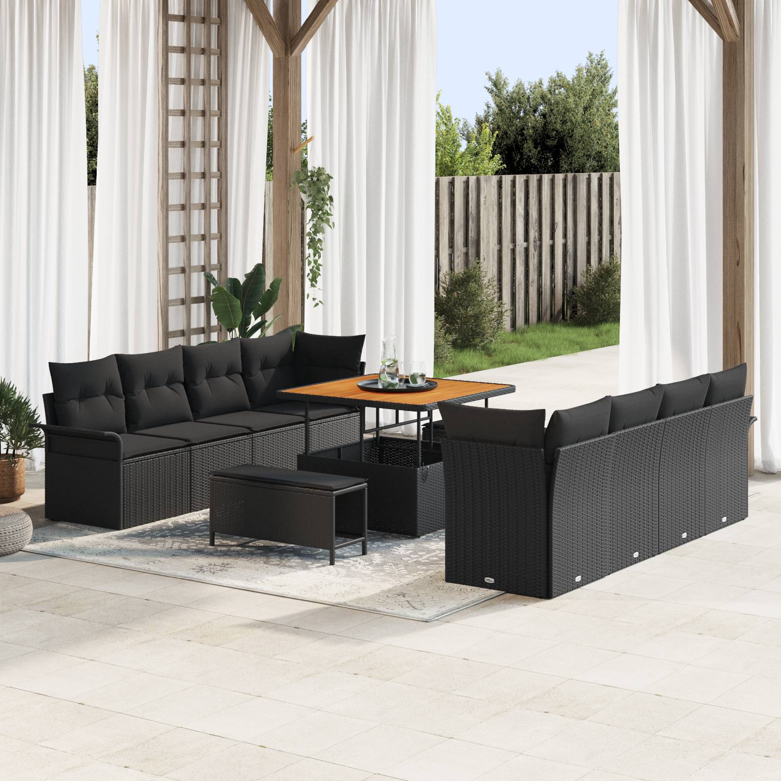 vidaXL 11-teiliges Garten-Sofa-Set mit Kissen Schwarz Poly-Rattan Akazie