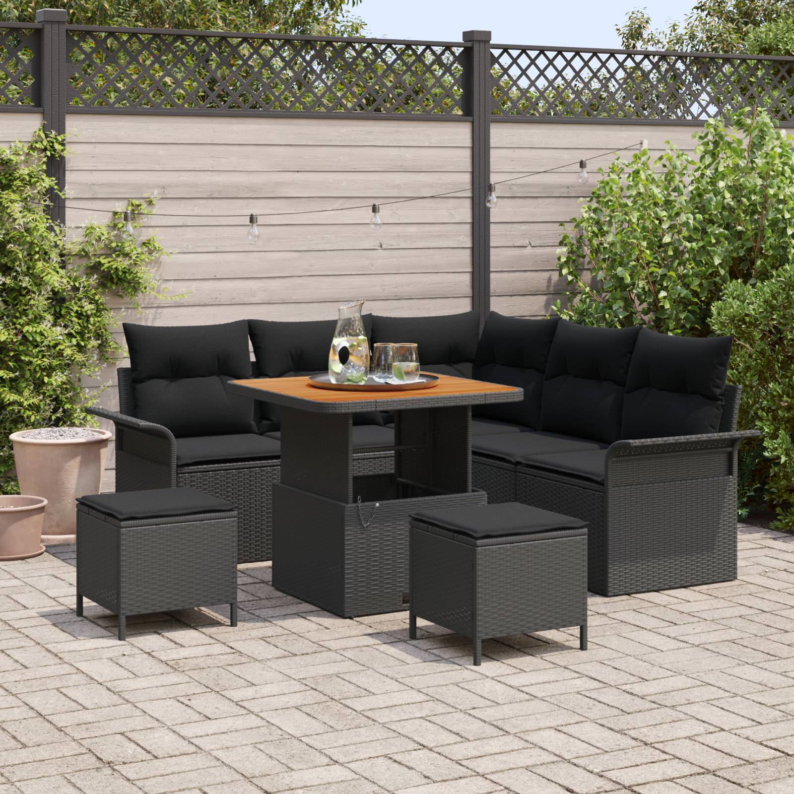vidaXL 8-teiliges Gartensofa-Set mit Kissen Schwarz Poly Rattan Akazie