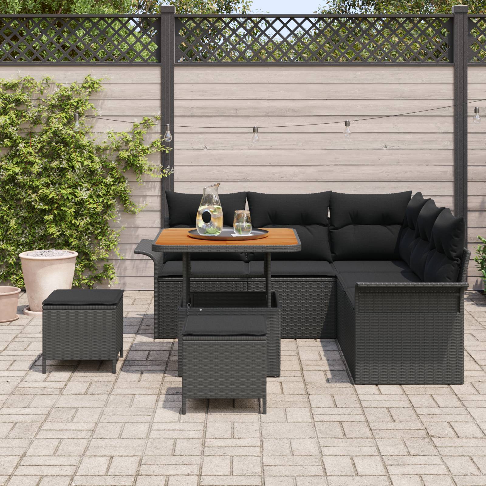 vidaXL 8-teiliges Gartensofa-Set mit Kissen Schwarz Poly Rattan Akazie