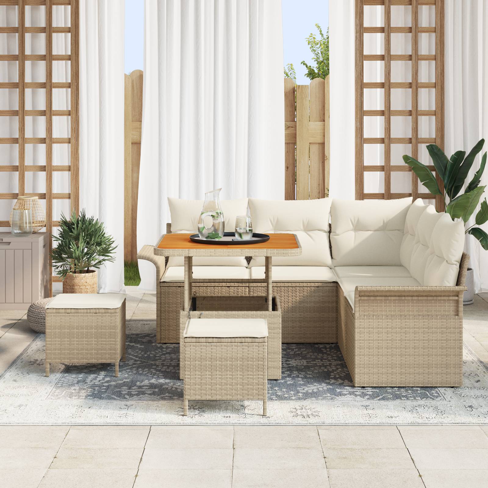 vidaXL 8-Teiliges Garten-Sofa-Set mit Kissen Beige Poly Rattan Akazie
