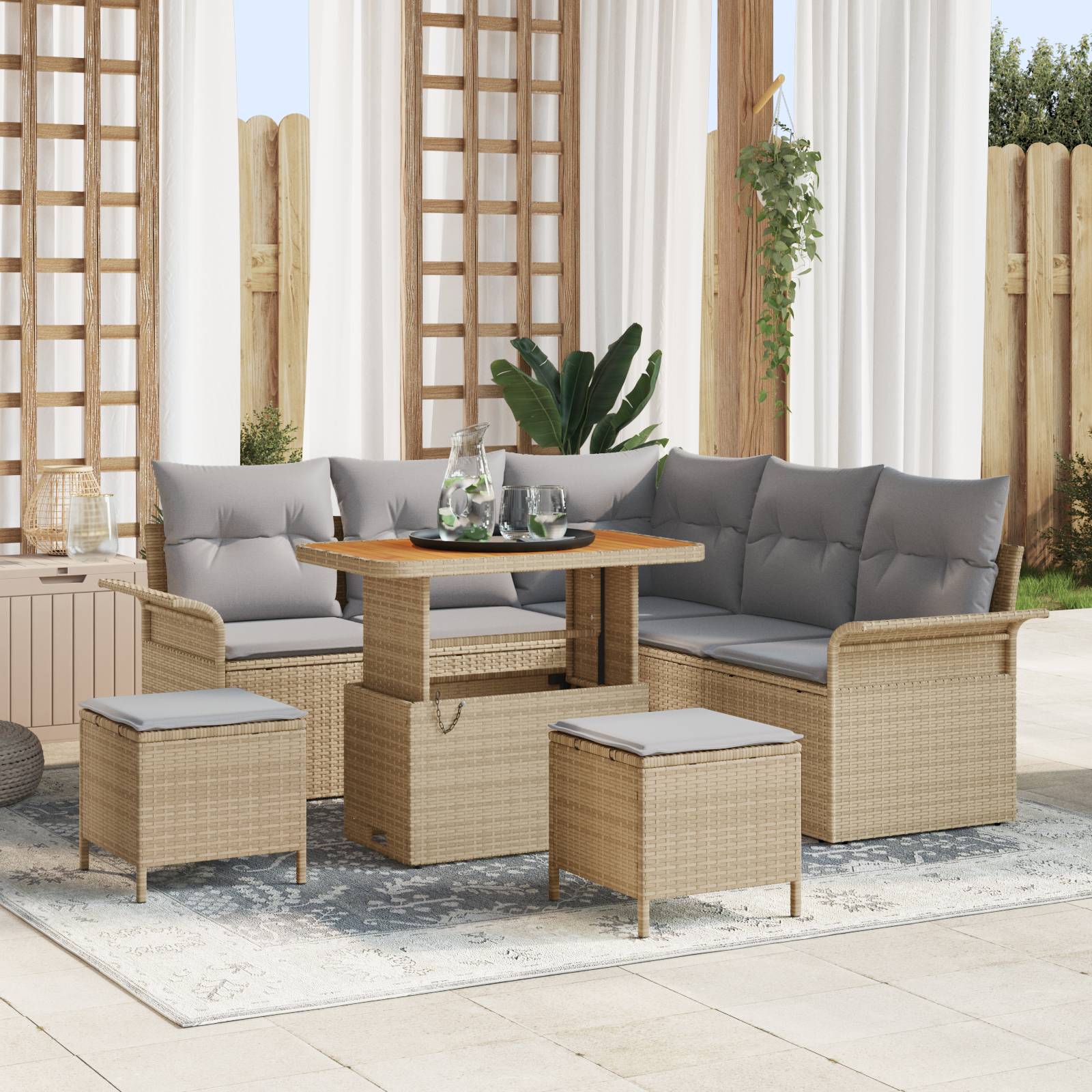 vidaXL 8-teiliges Garten Sofaset mit Kissen Beige Poly Rattan Akazie