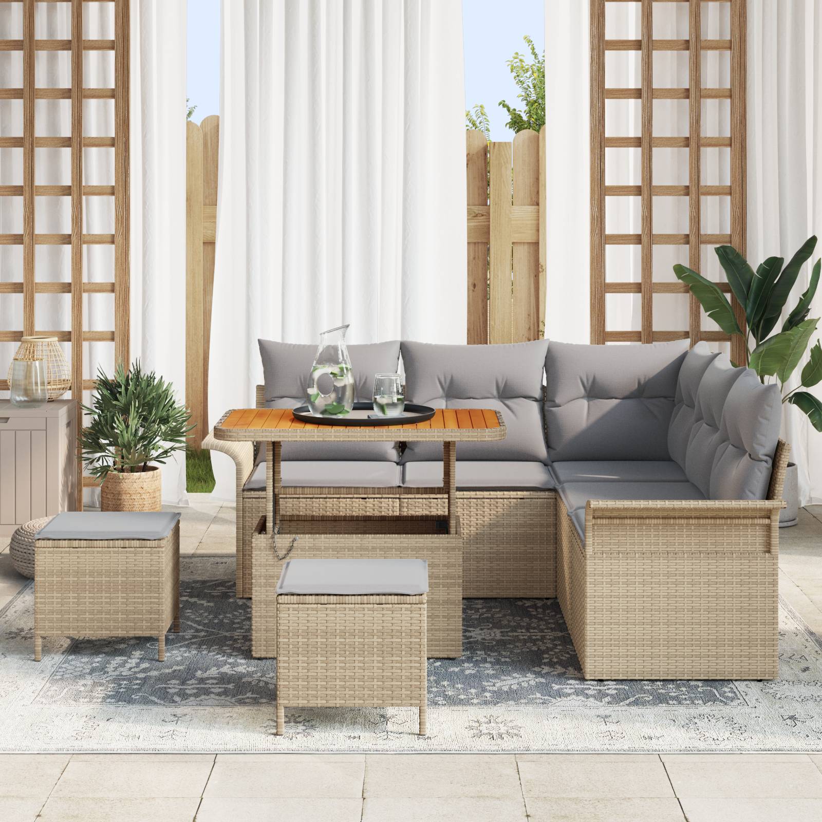 vidaXL 8-teiliges Garten Sofaset mit Kissen Beige Poly Rattan Akazie