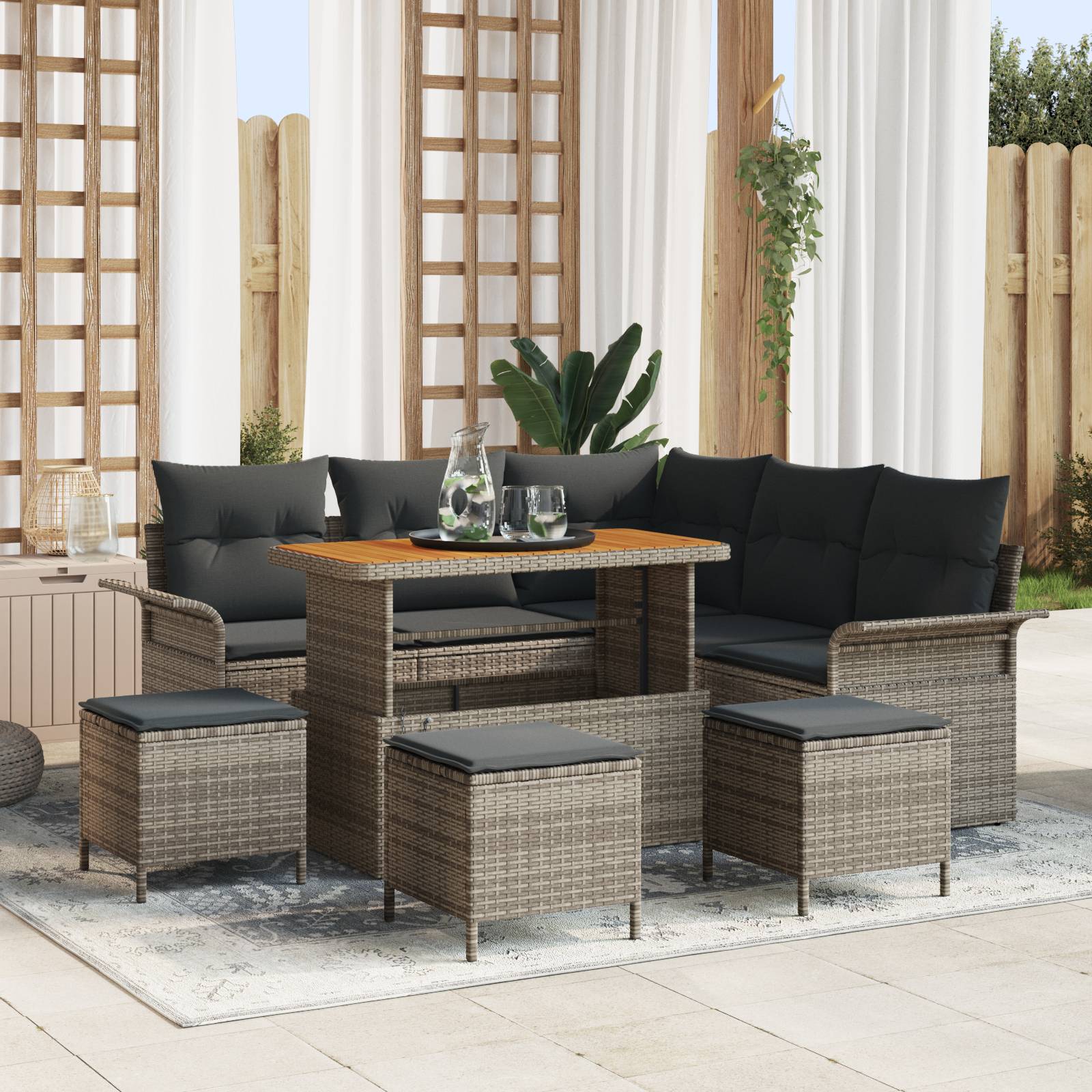 vidaXL 9-Teiliges Garten Sofa Set mit Kissen Grau Poly Rattan Akazie