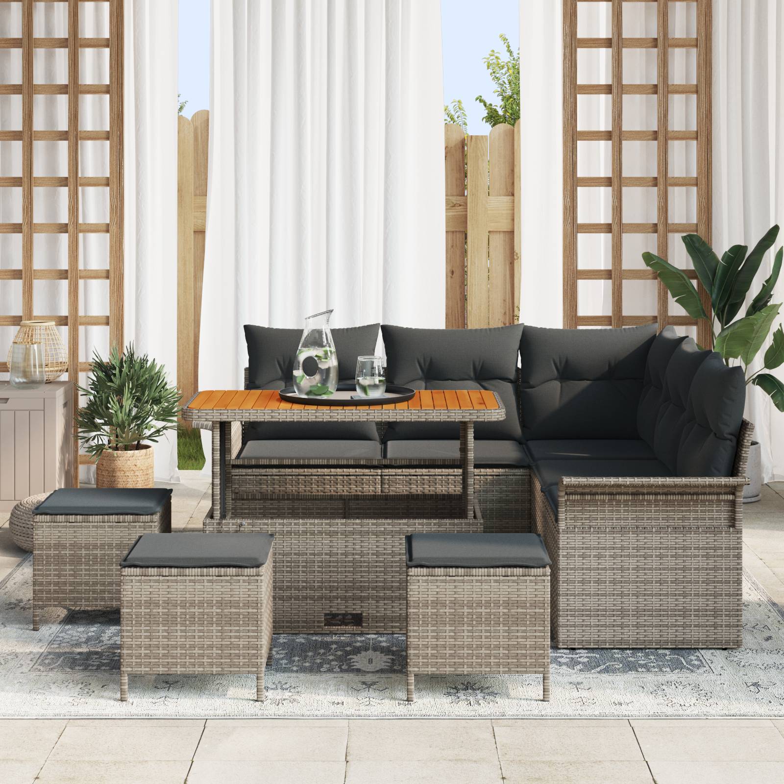 vidaXL 9-Teiliges Garten Sofa Set mit Kissen Grau Poly Rattan Akazie