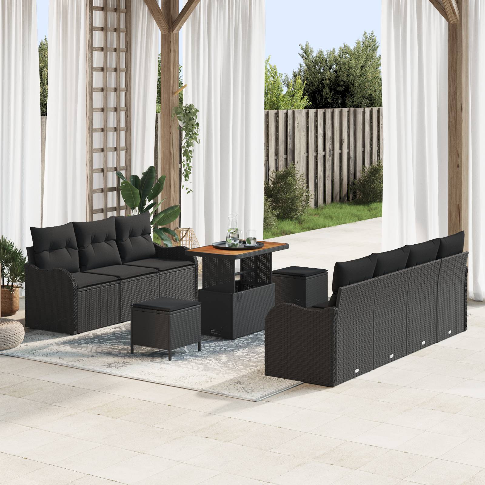 vidaXL 10-tlg. Garten-Sofagarnitur mit Kissen Schwarz Poly Rattan