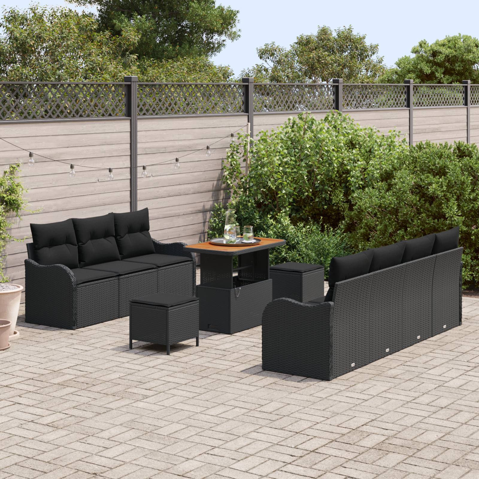 vidaXL 10-tlg. Garten-Sofagarnitur mit Kissen Schwarz Poly Rattan