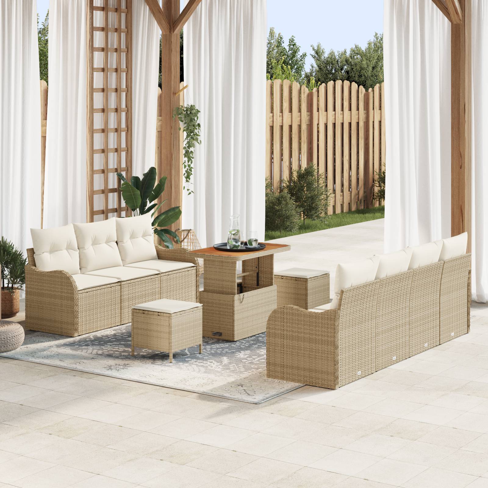vidaXL 10-teiliges Garten Sofa Set mit Kissen Beige Poly Rattan Akazie