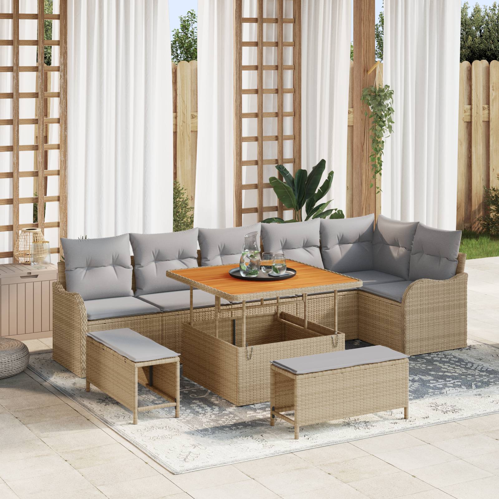 vidaXL 9-teiliges Garten Sofa Set mit Kissen Beige Poly Rattan Akazie