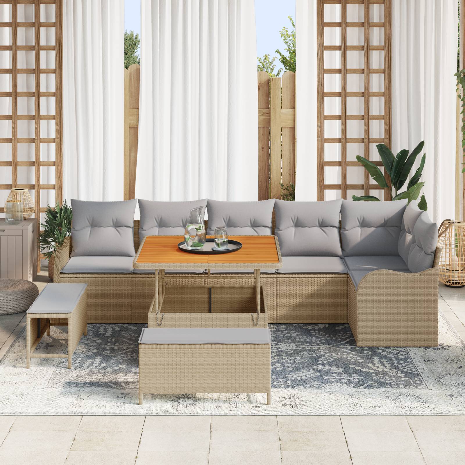 vidaXL 9-teiliges Garten Sofa Set mit Kissen Beige Poly Rattan Akazie