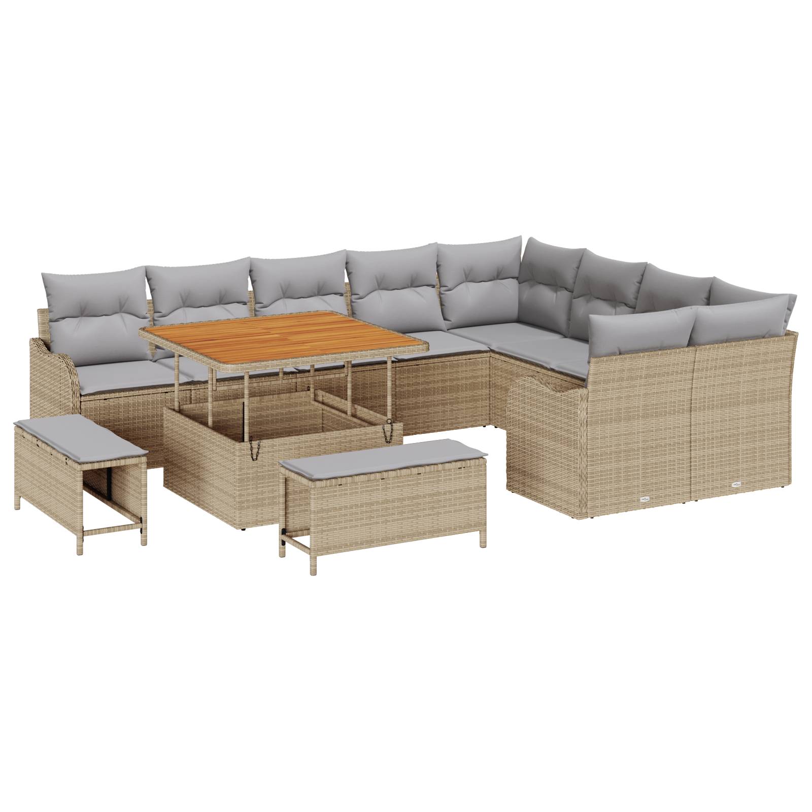 vidaXL 12-tlg. Garten-Sofagarnitur mit Kissen Beige Poly Rattan Akazie
