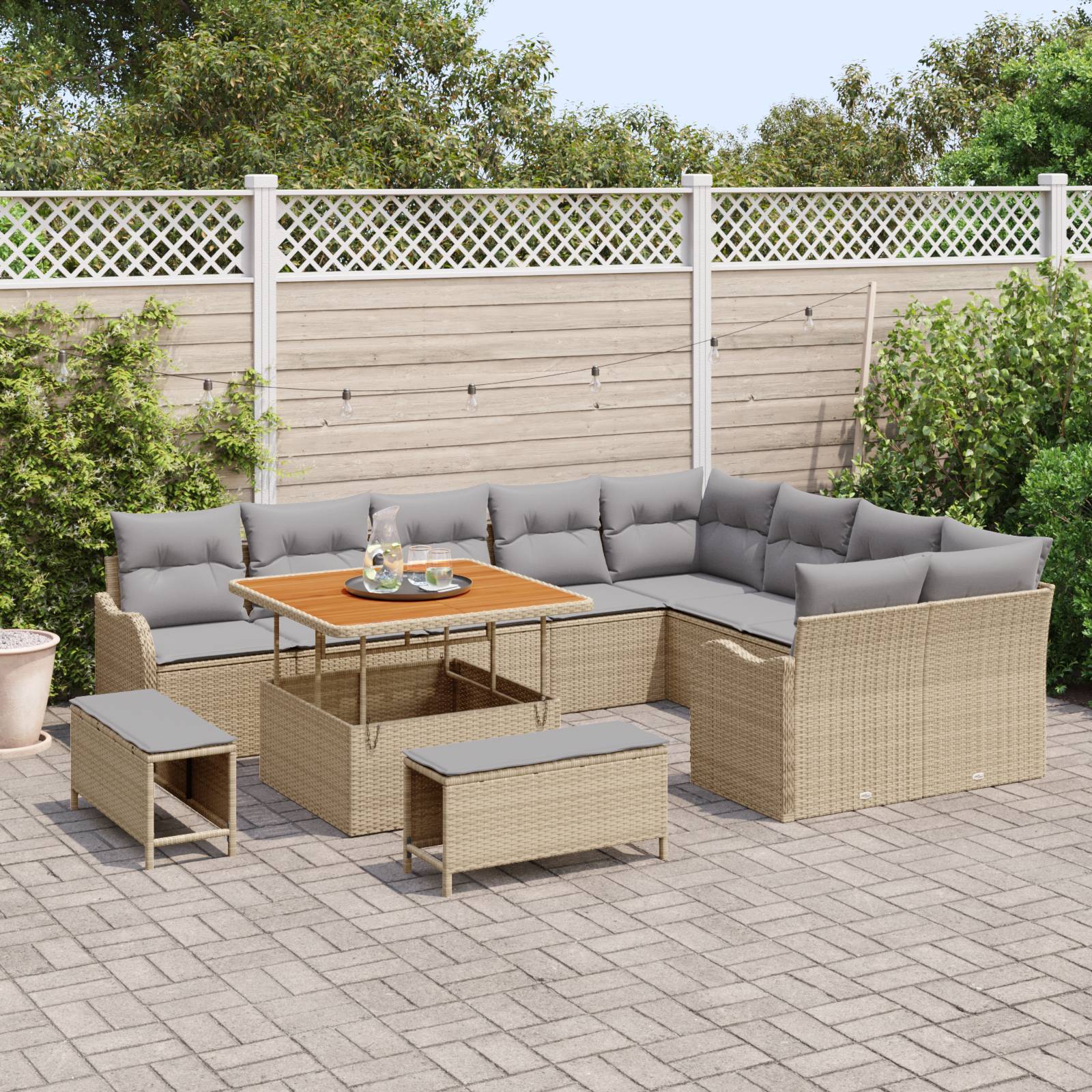 vidaXL 12-tlg. Garten-Sofagarnitur mit Kissen Beige Poly Rattan Akazie