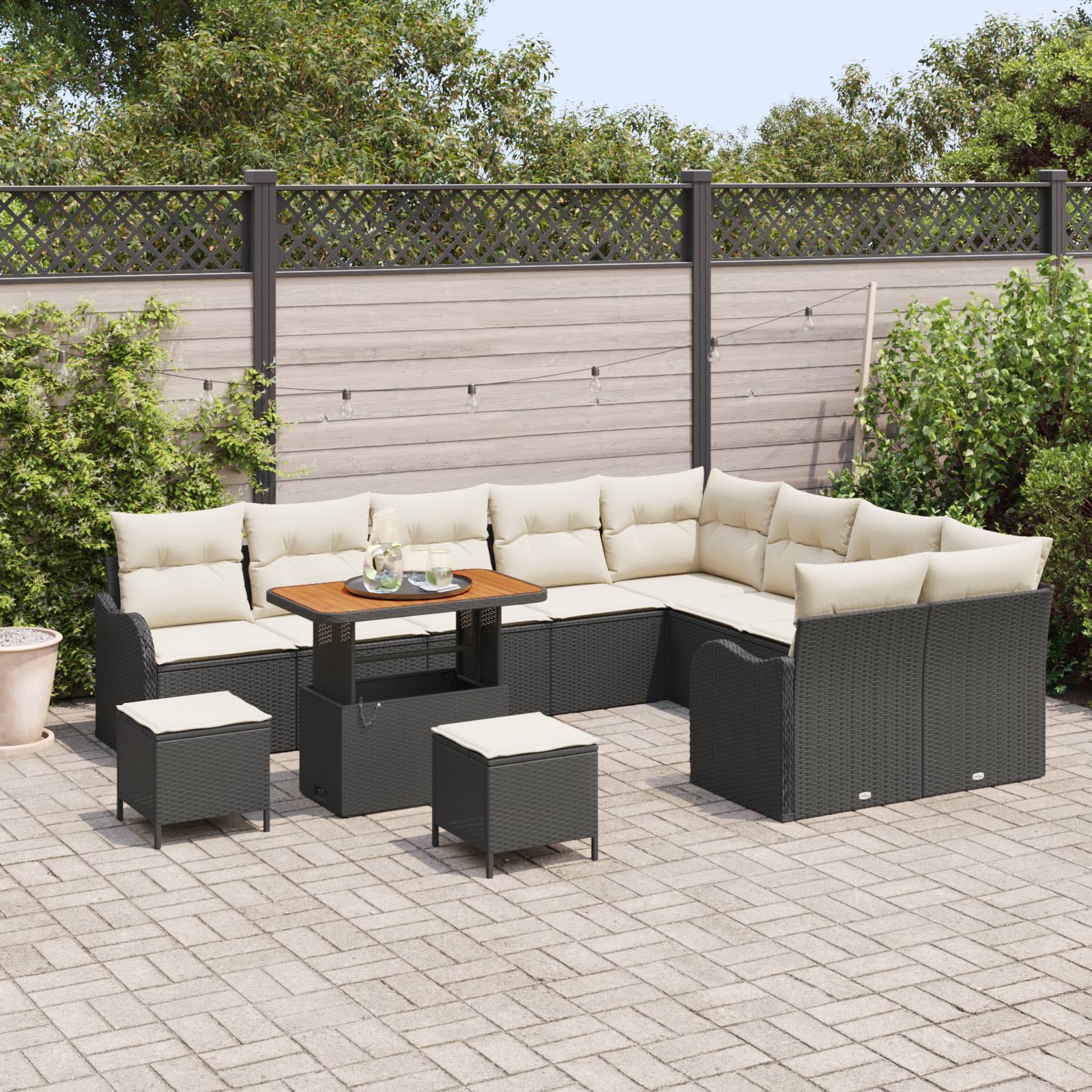 vidaXL 12-tlg. Garten-Sofagarnitur mit Kissen Schwarz Poly Rattan