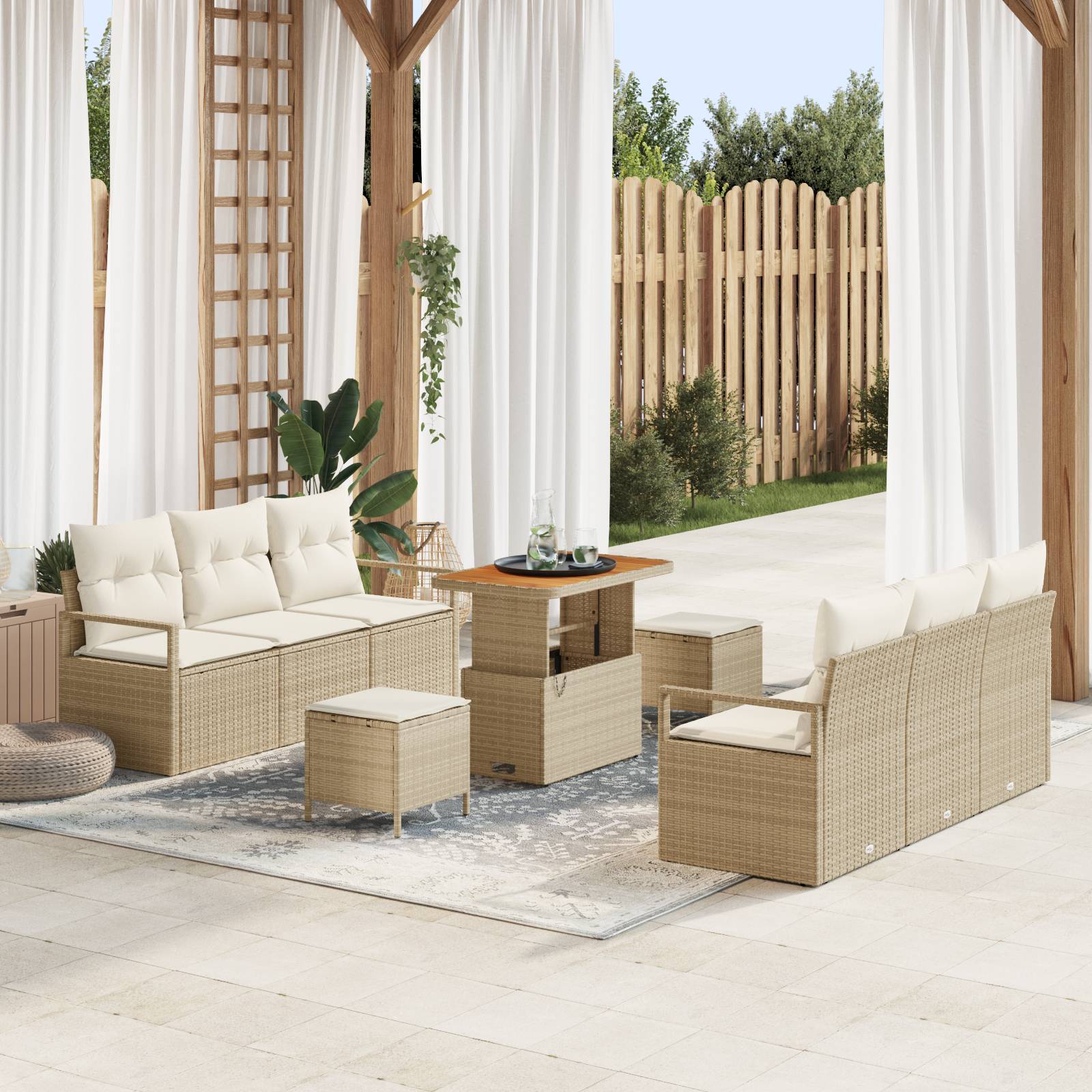 vidaXL 9-teiliges Garten Sofa Set mit Kissen Beige Poly Rattan Akazie