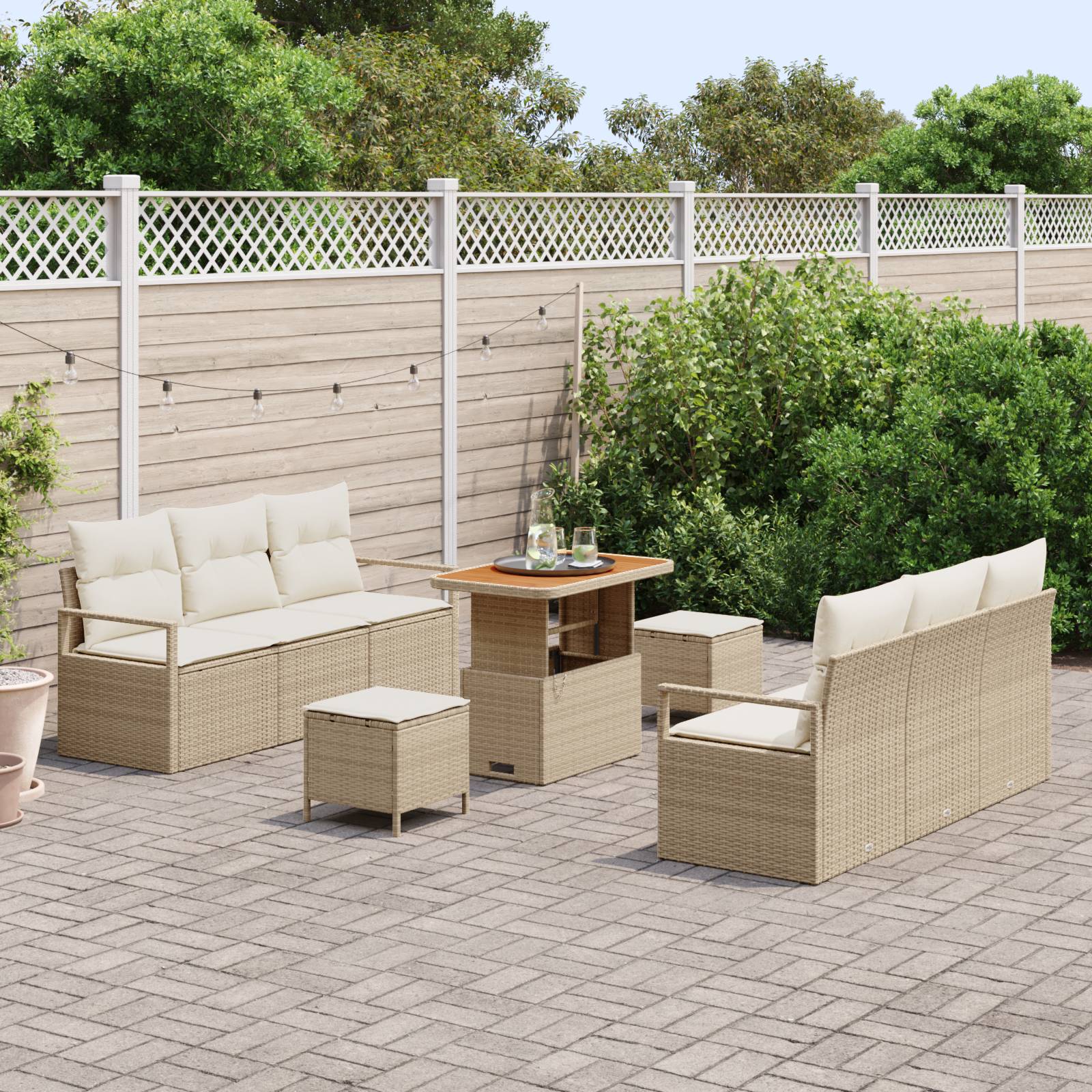 vidaXL 9-teiliges Garten Sofa Set mit Kissen Beige Poly Rattan Akazie